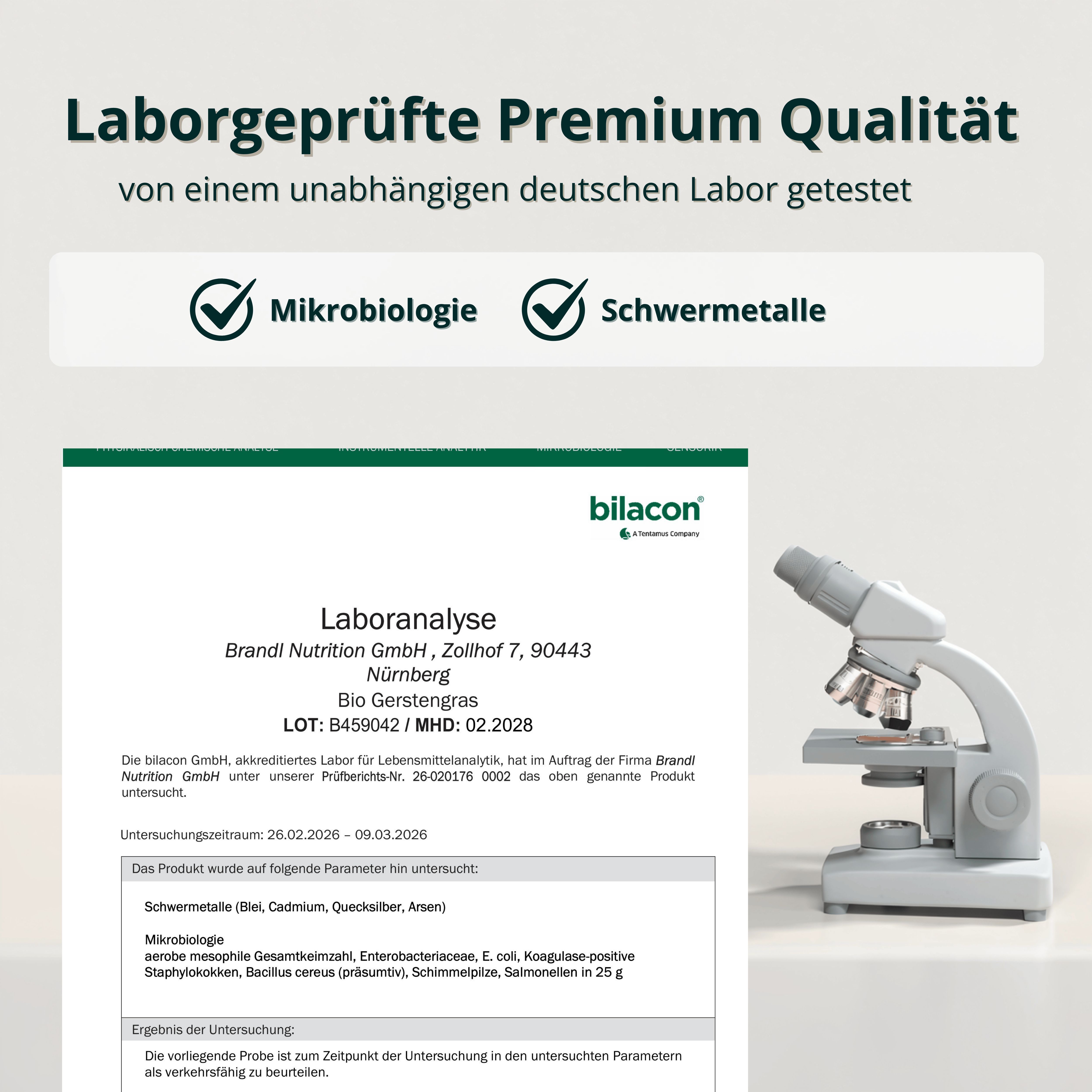 Laboranalyse-Dokument mit Mikroskop. Text: "Laborgeprüfte Premium Qualität", "Mikrobiologie", "Schwermetalle", "Bilacon".