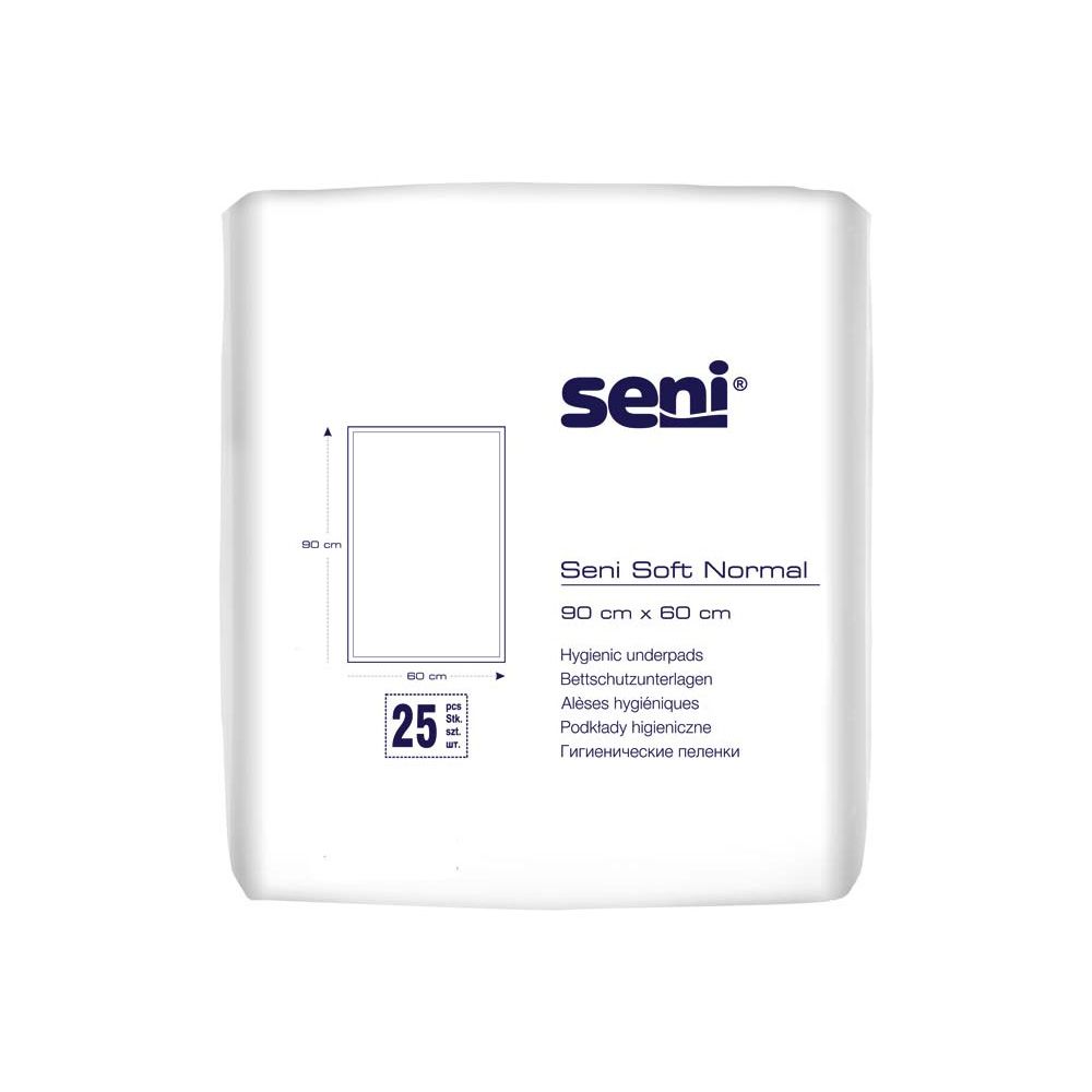 Weiße SENI Soft Normal Bettschutzunterlagen-Packung. Aufdruck: 90x60 cm, 25 Stück. Seni-Logo.