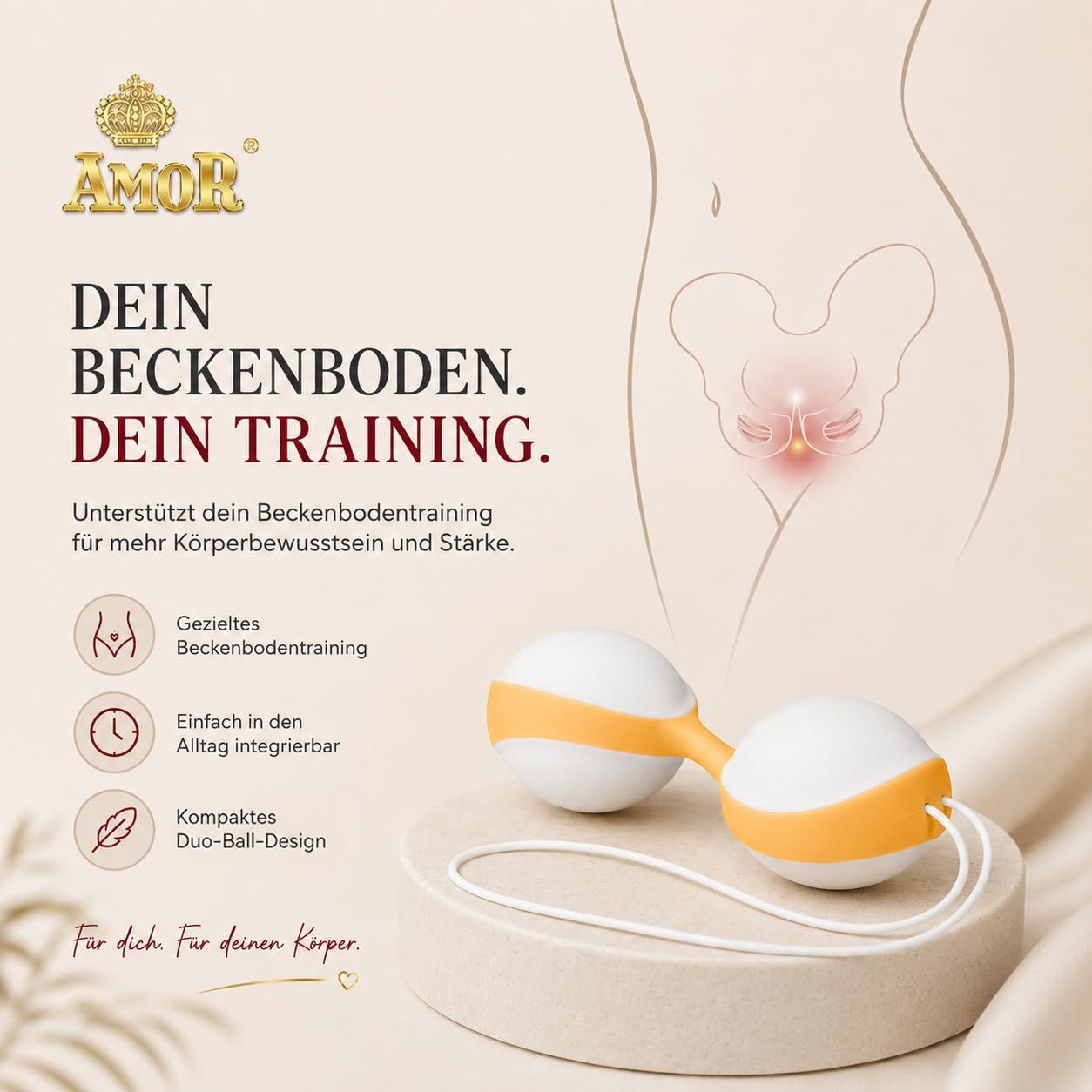 Duo-Ball-Beckenbodentrainer in Weiß und Orange, mit Text und Grafiken.