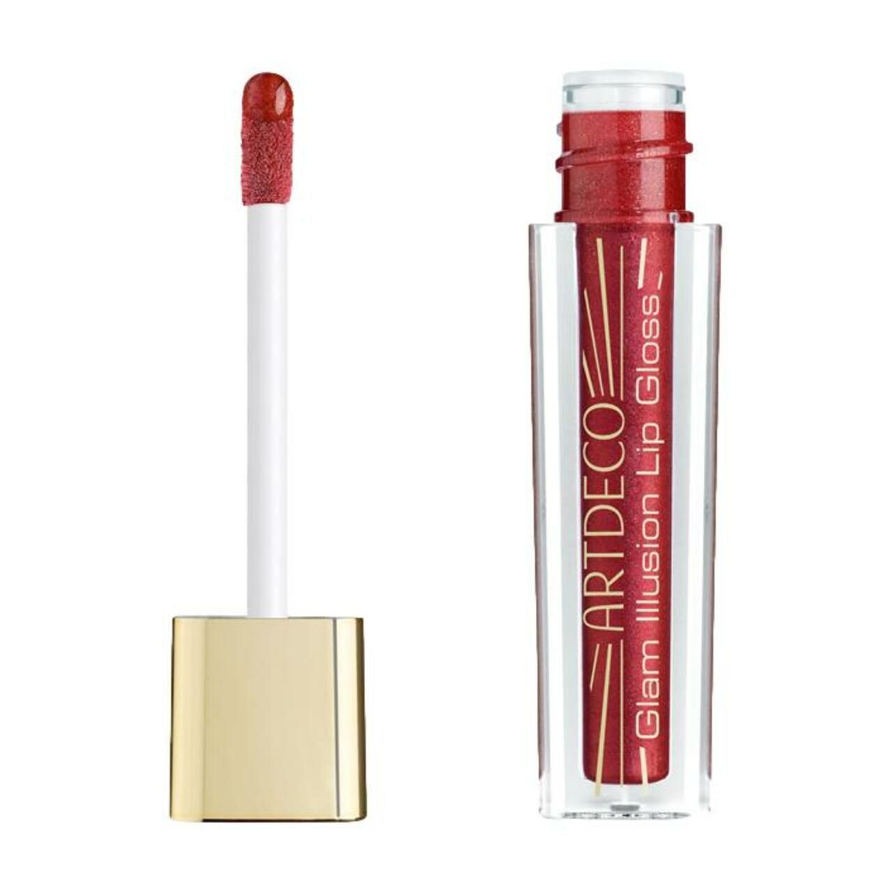 Artdeco Glam Illusion Lip Gloss. Tube geöffnet, Applikator daneben. Roter Lipgloss sichtbar. Schriftzug.