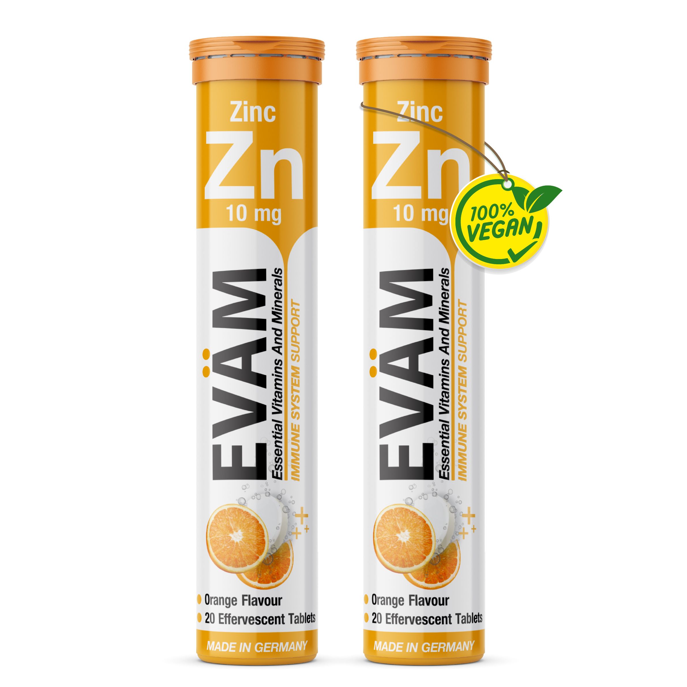 Zwei Zink-Tabletten-Verpackungen. 100% Vegan-Logo, Produktverpackung, Orange, Made in Germany.
