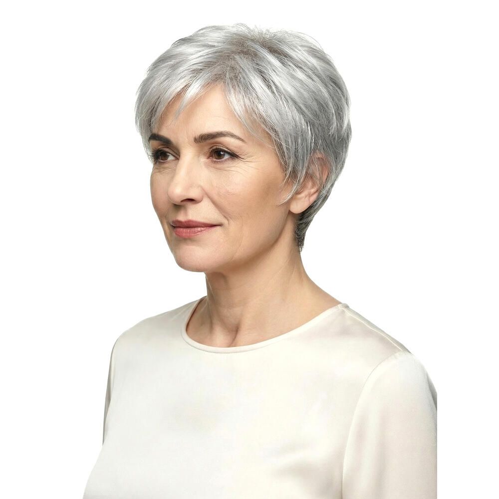 Kurzhaarperücke in Grau, seitliche Ansicht einer Frau. Helles Oberteil, weißer Hintergrund.