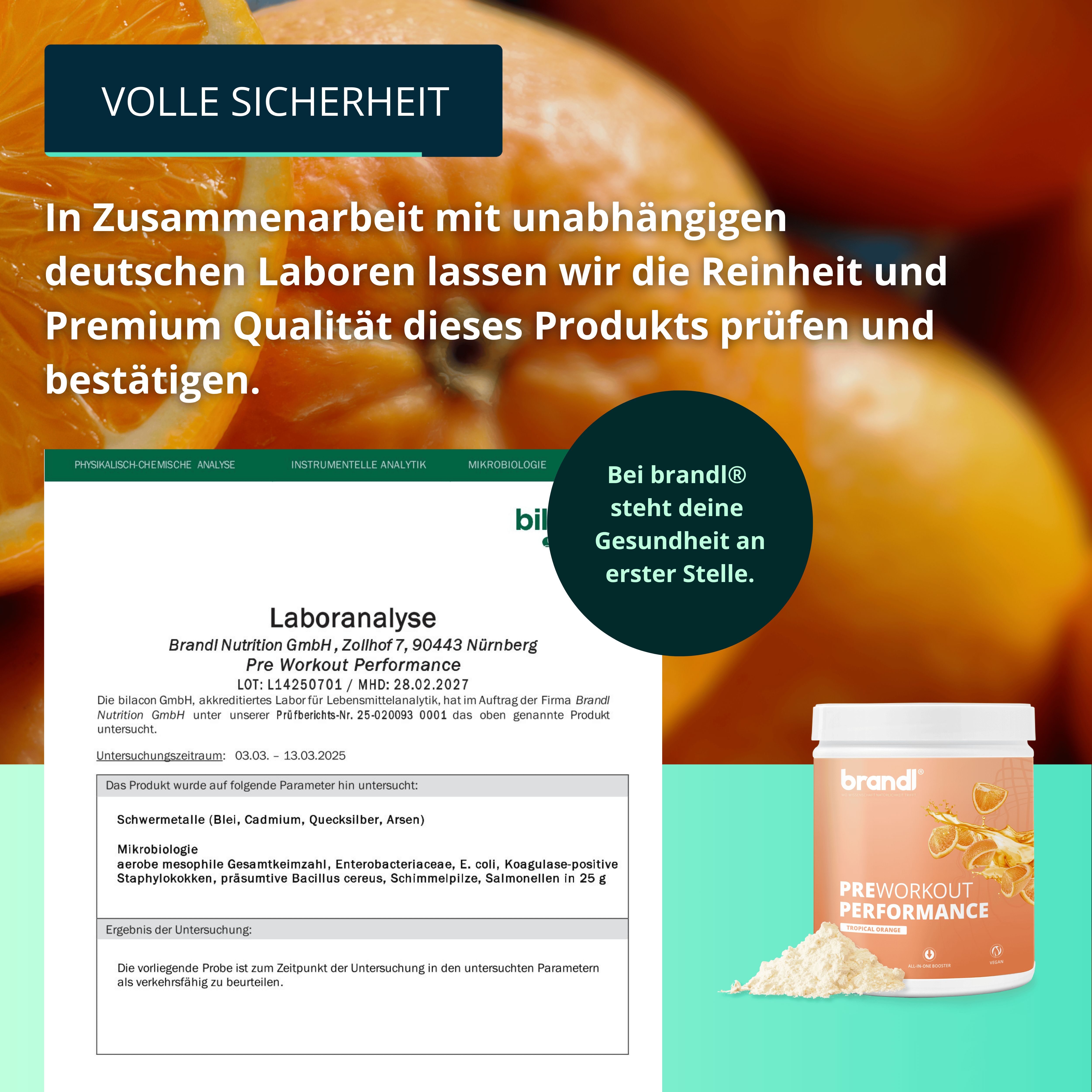 Laboranalyse-Dokument. Text: Laboranalyse, Brand Nutrition GmbH, Untersuchungsergebnisse, Schwermetalle, Mikrobiologie. Dose brandl® Pre-Workout Booster 2.0.