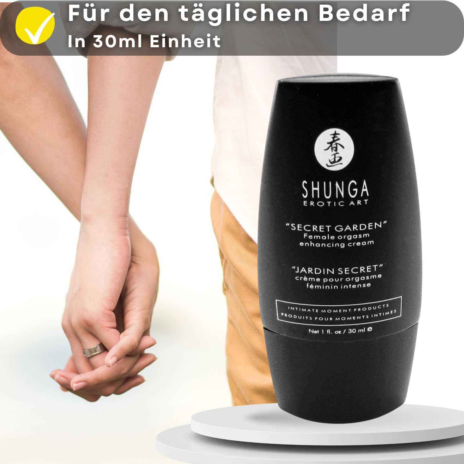 Produktflasche und Text. "Shunga Erotic Art" und "Secret Garden". 1 fl. oz / 30 ml.