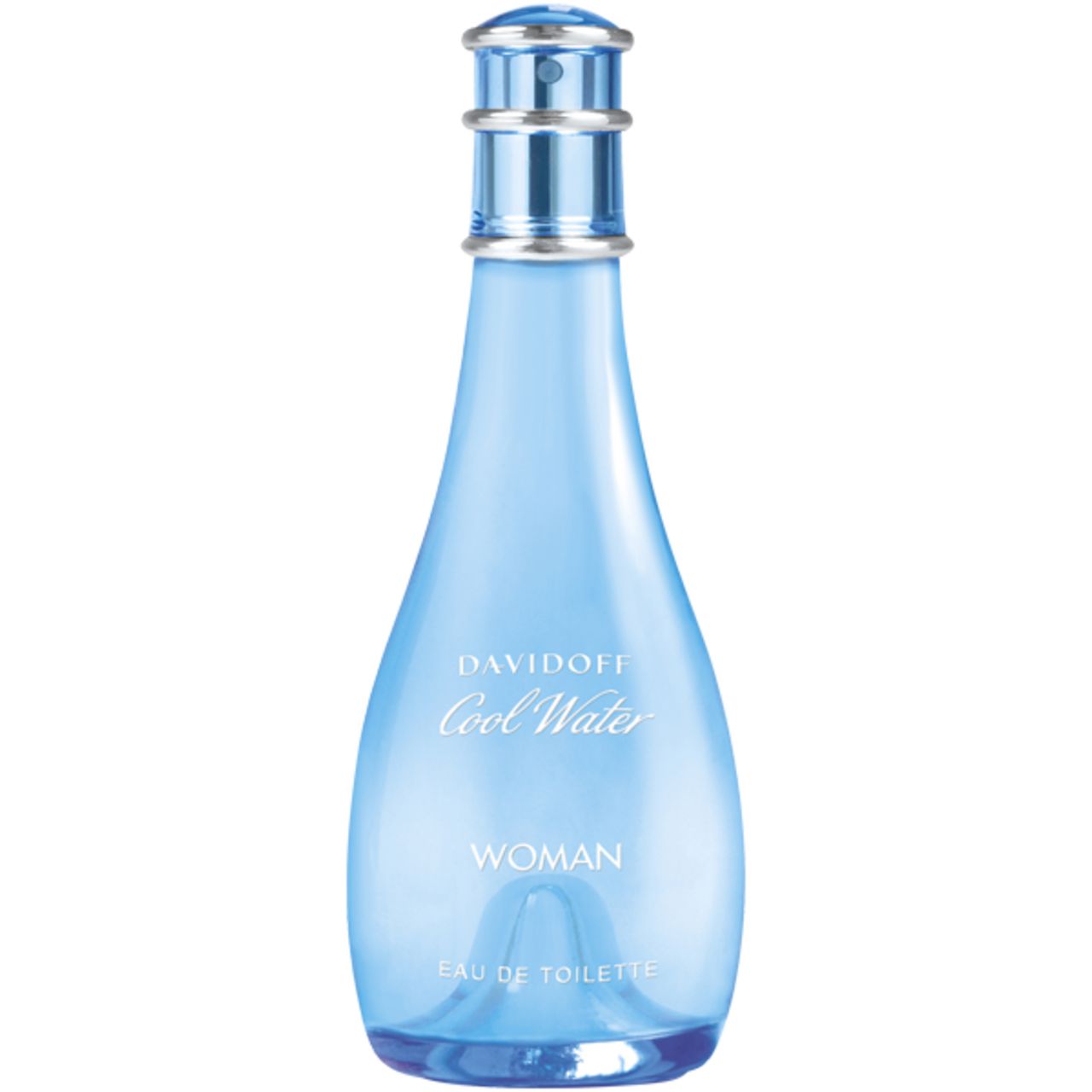 Hellblaue Flasche. Aufschrift: DAVIDOFF Cool Water WOMAN. Flasche mit Zerstäuber. Tropfenförmige Form.