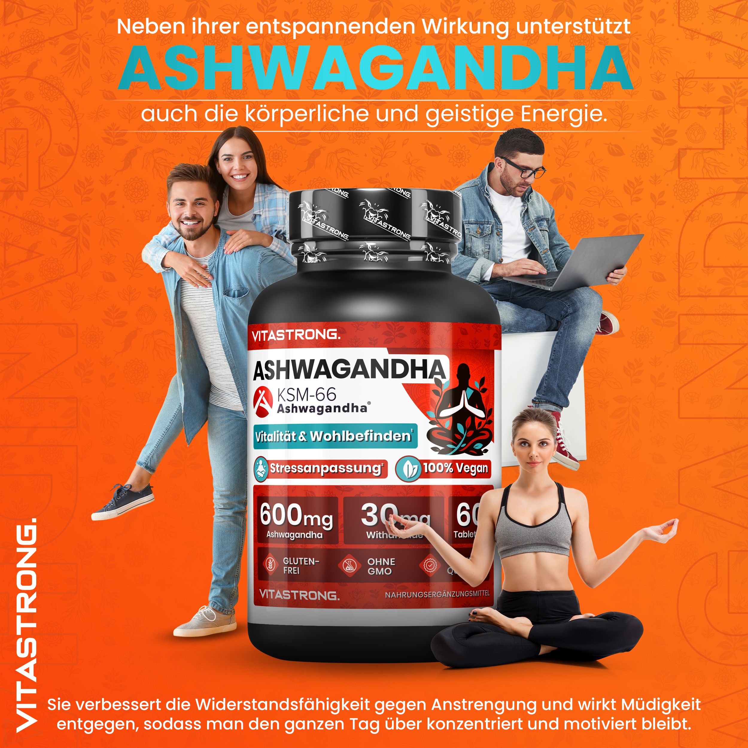 Vitastron. Ashwagandha KSM-66 Flasche mit 600mg, 30 Tabletten. Glutenfrei, ohne GMO.