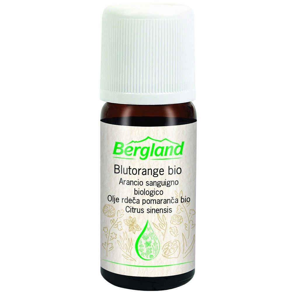 Braune Glasflasche mit weißem Deckel. Etikett mit Text. "Bergland Blutorange bio" und grüne Grafik.