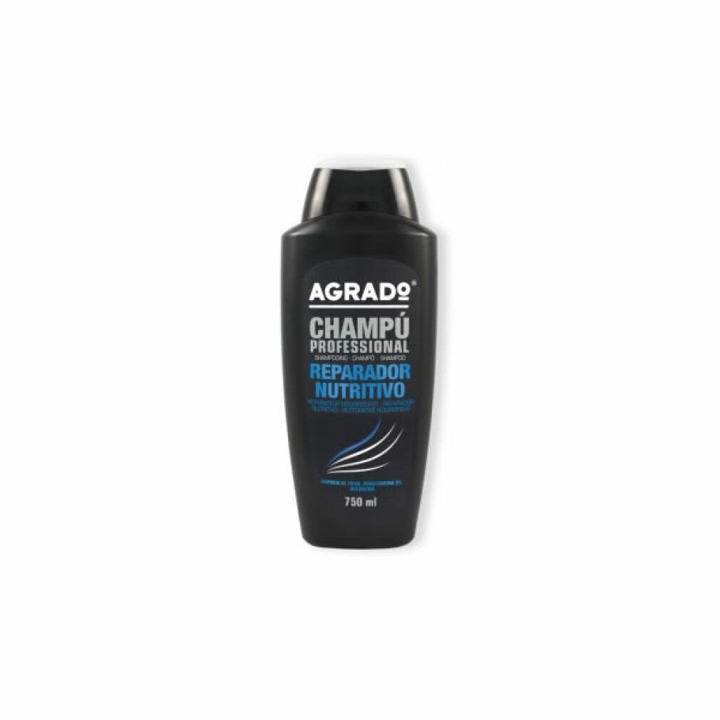 Schwarze Shampoo-Flasche mit weißem Deckel. Aufschrift: AGRADO, Champú Profesional, Reparador Nutritivo. Wellen-Grafik.