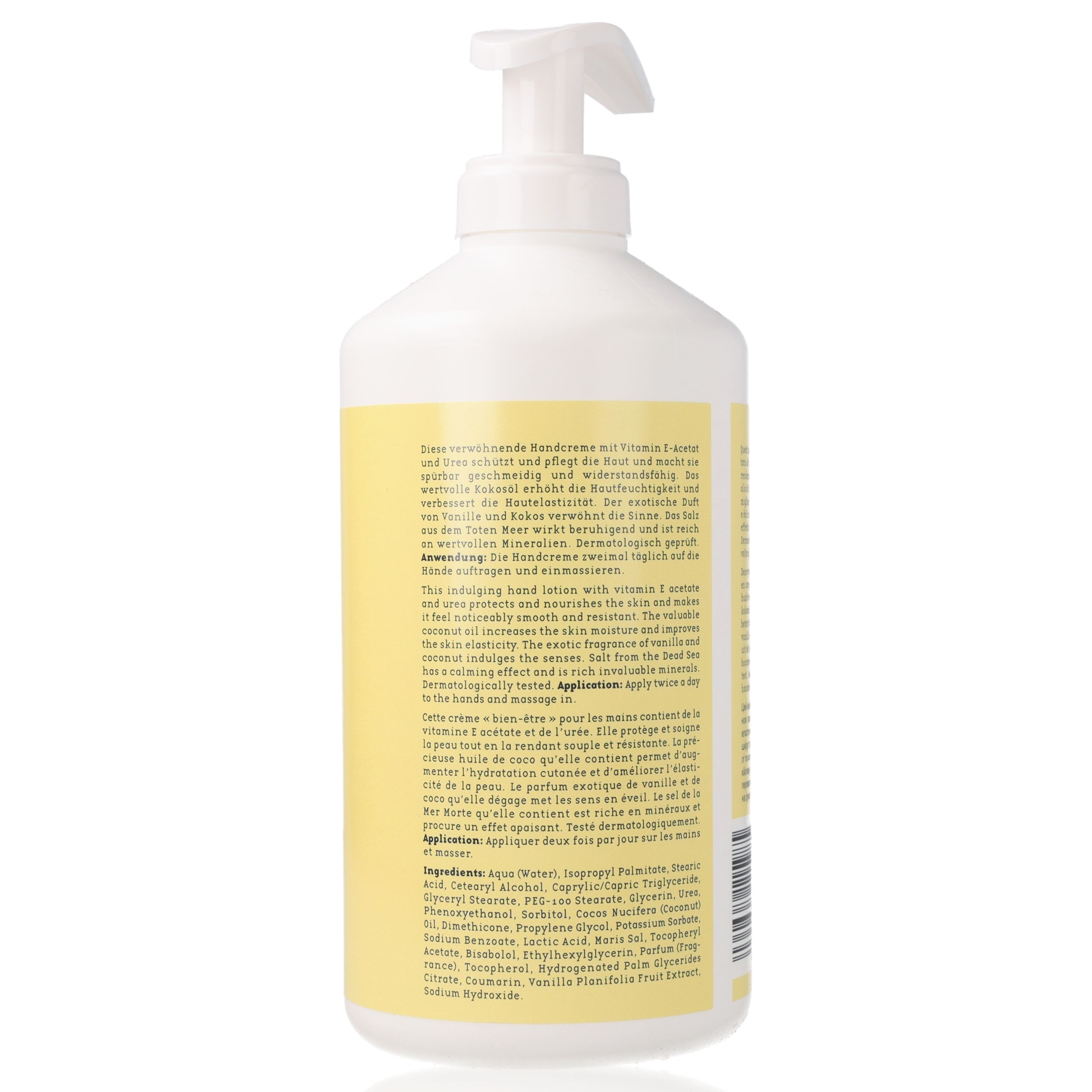 Rückseite der weißen Flasche mit gelbem Etikett. Text in Deutsch und Französisch. Mit Dosierpumpe.