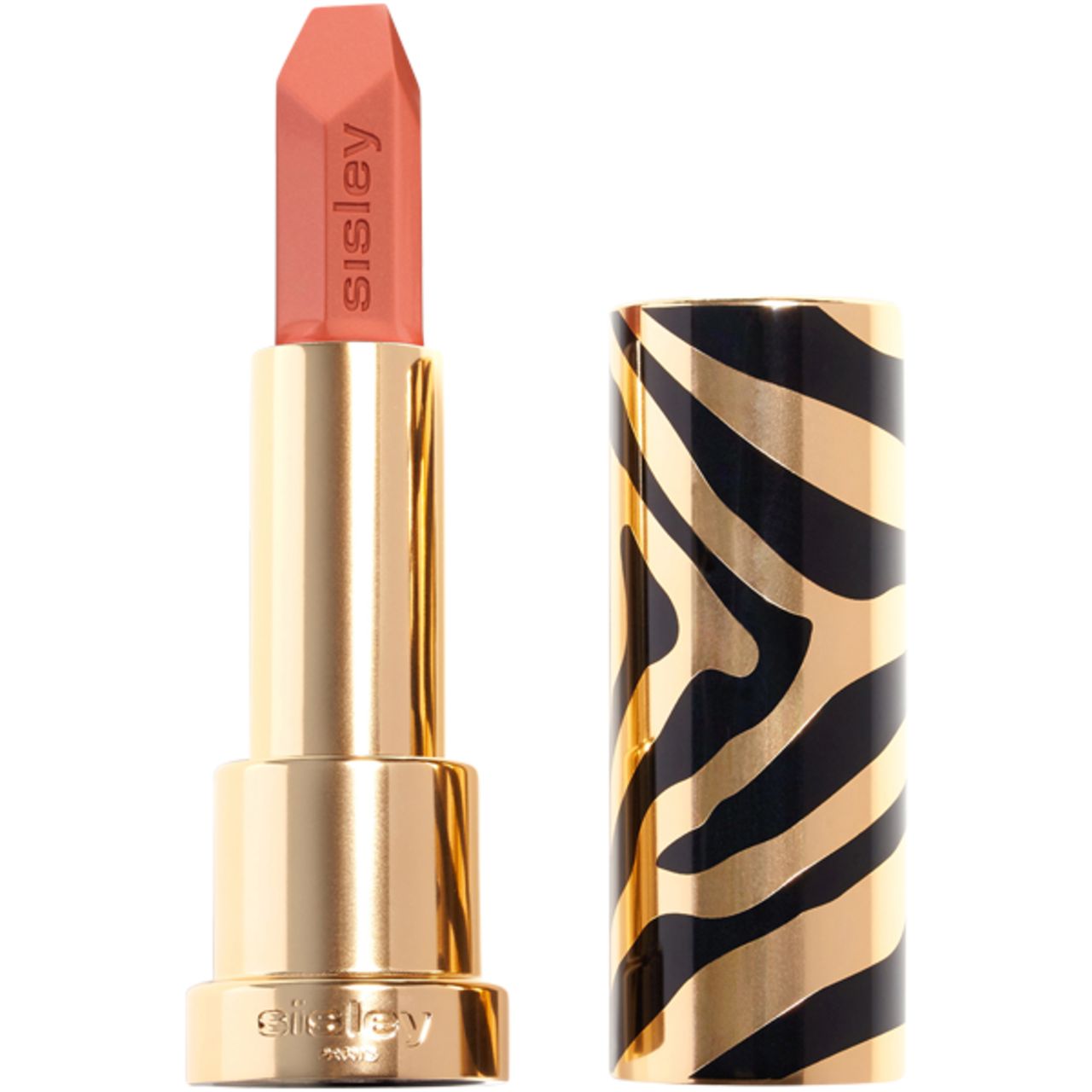 Goldfarbener Lippenstift mit geöffneter Hülse. Der Lippenstift ist rosa. Die Hülse ist mit einem Zebra-Muster versehen. Auf dem Lippenstift steht Sisley.
