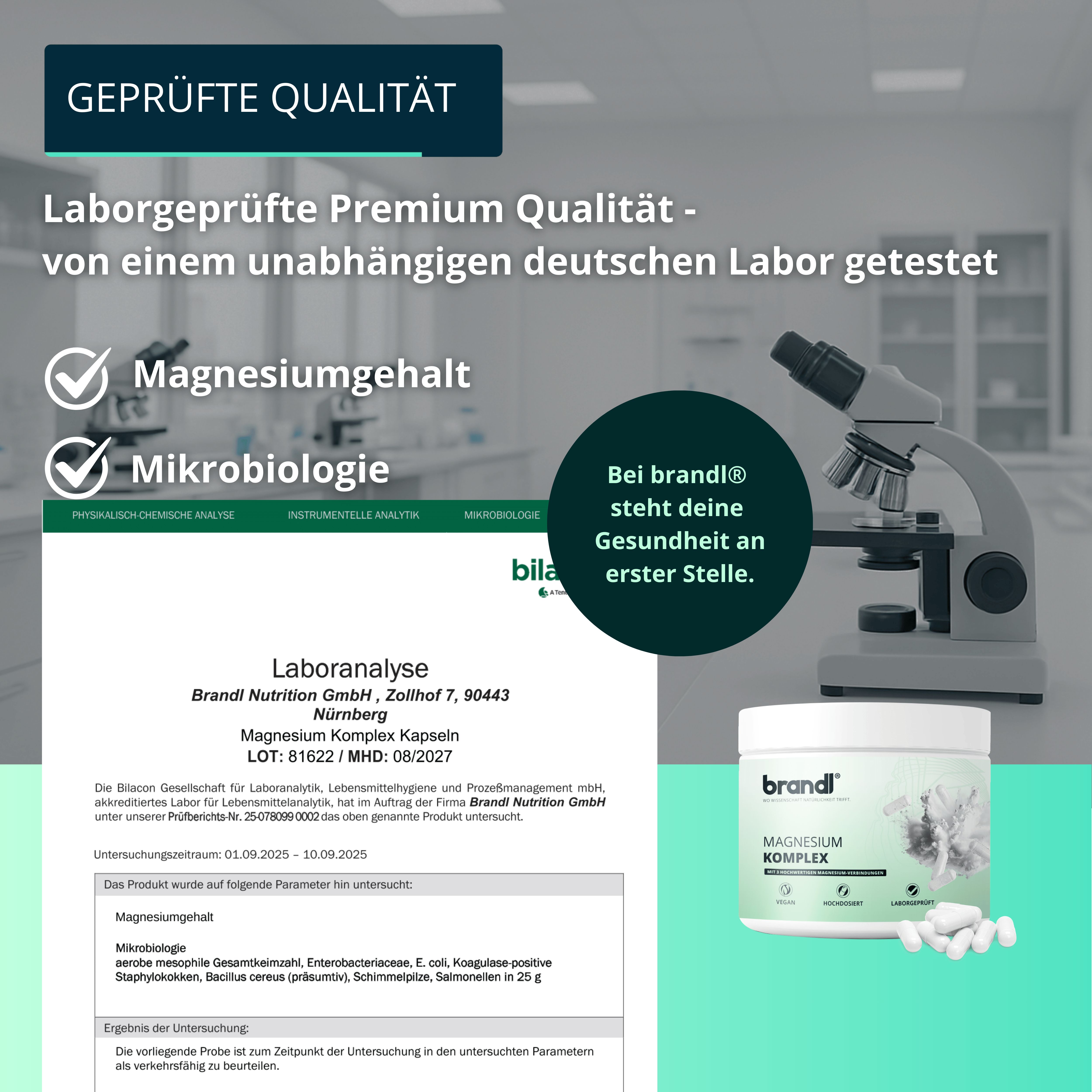 Produktabbildung mit Text. Text: Laborgeprüfte Premium Qualität. Magnesiumgehalt, Mikrobiologie. Laboranalyse.