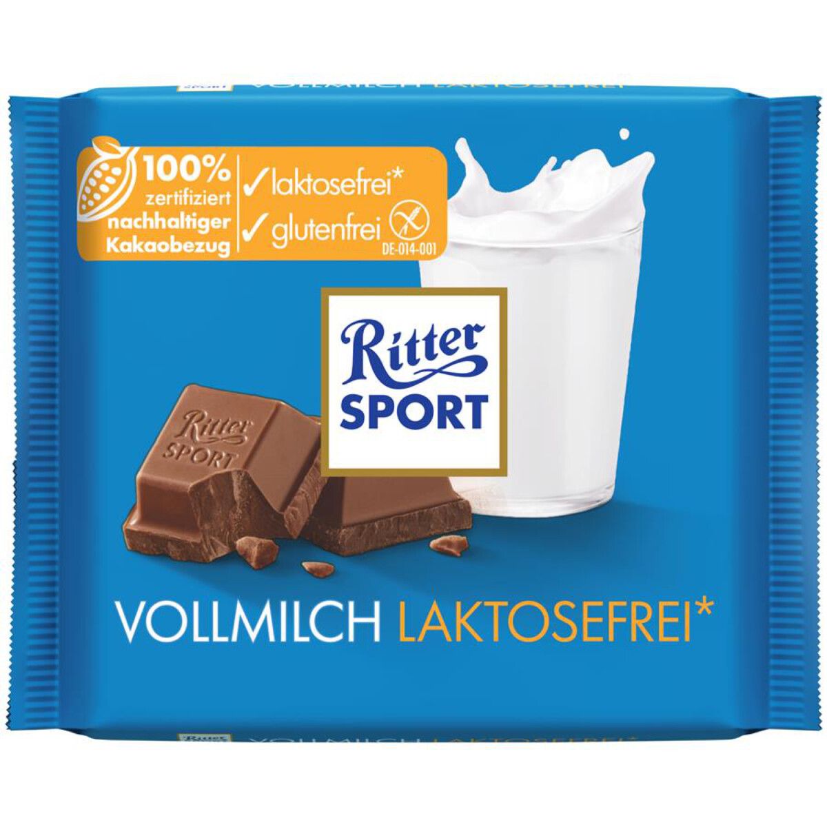Blau verpackte Schokolade mit Ritter Sport Logo, Milchglas und Schokoladenstücken. Text: Vollmilch laktosefrei, glutenfrei, 100% nachhaltiger Kakao.