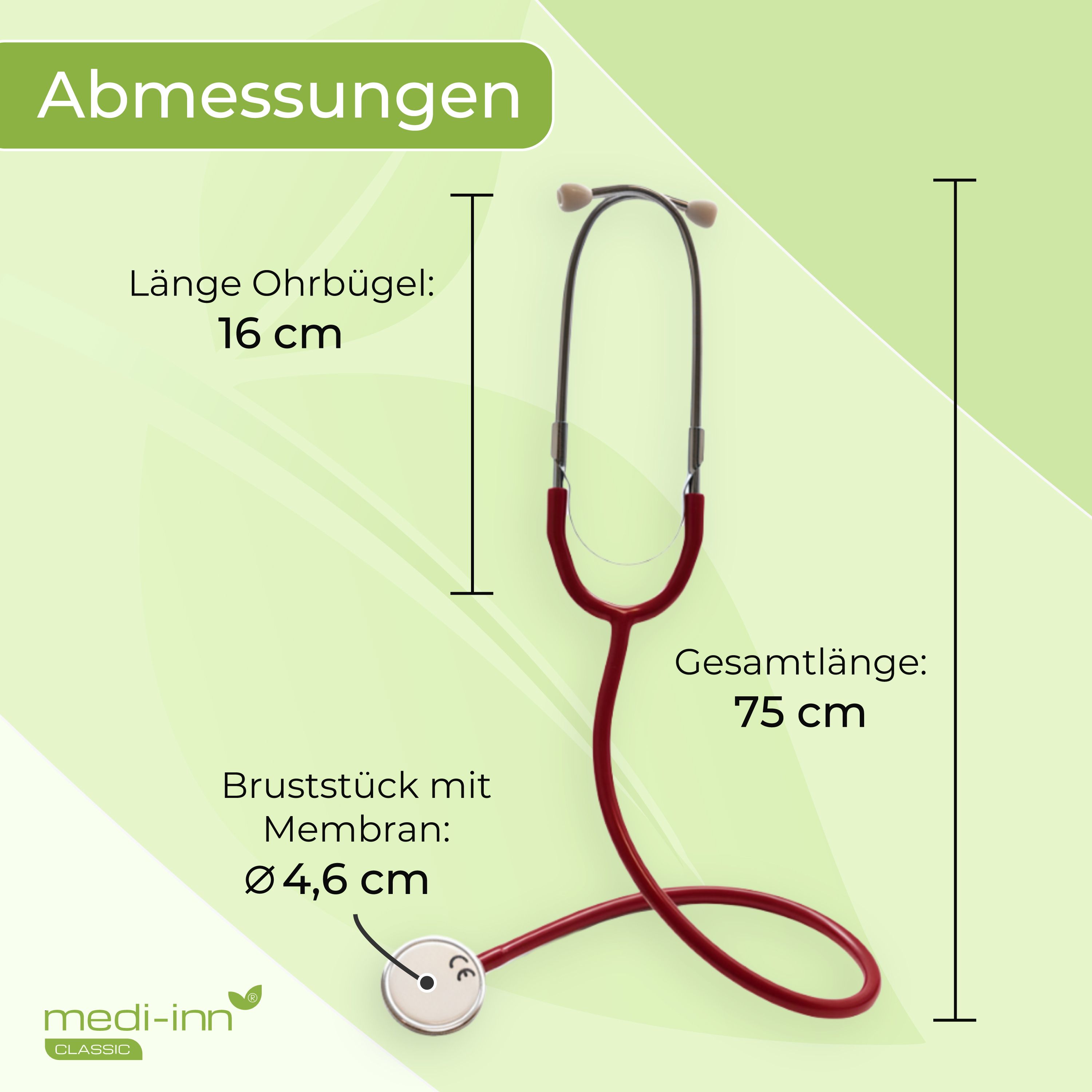 Abmessungen: Ohrbügel 16 cm, Gesamtlänge 75 cm, Bruststück-Durchmesser 4,6 cm.