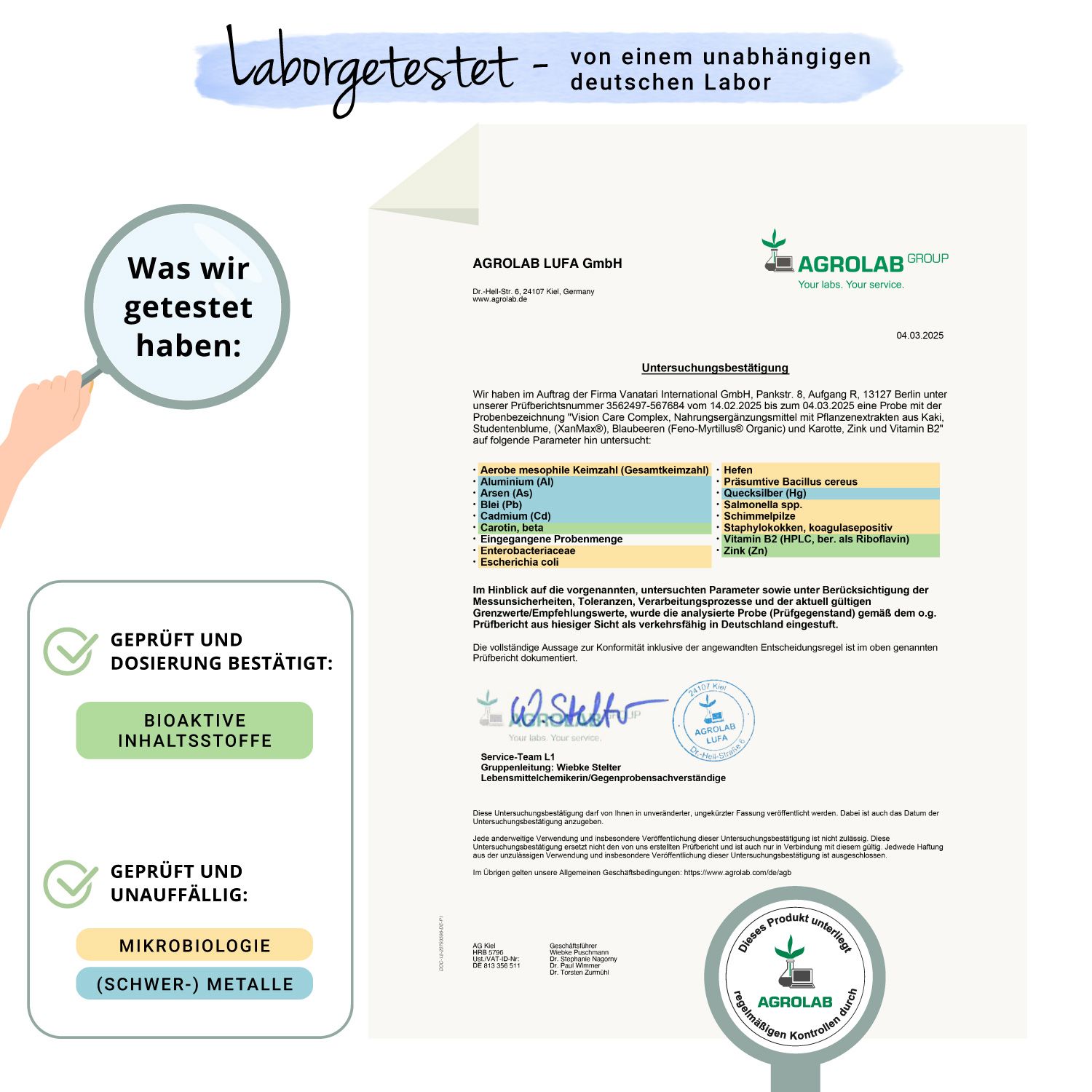 Zertifikat von Agrolab LUFA GmbH. Bestätigung der Analyse von Vision Care Complex. Geprüft auf Bioaktive Inhaltsstoffe und Mikrobiologie.