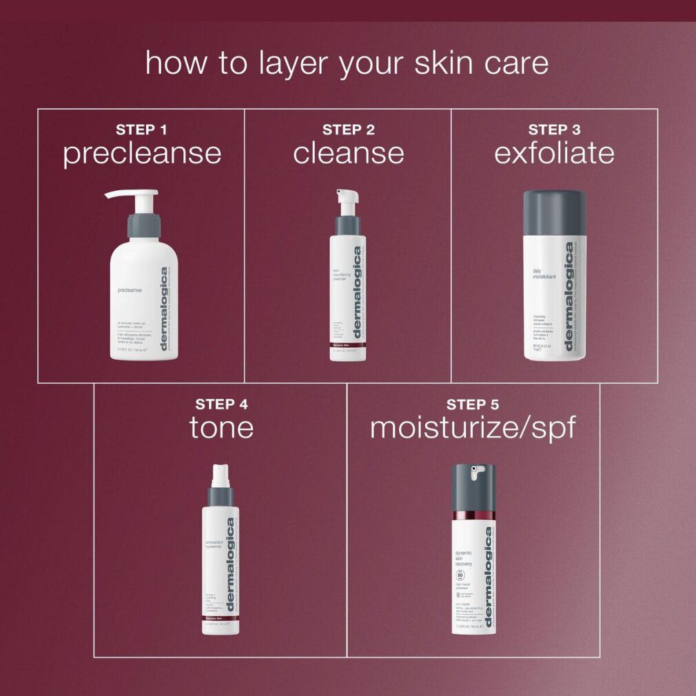 Fünf Produkte auf weinrotem Hintergrund. Schritte: Precleanse, Cleanse, Exfoliate, Tone, Moisturize/spf. Alle Produkte mit Dermalogica-Logo.