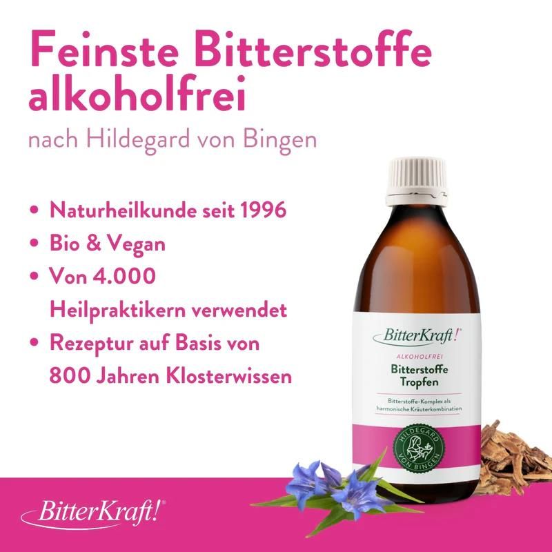Produktflasche neben Text. Text: Feine Bitterstoffe alkoholfrei nach Hildegard von Bingen. Bio & Vegan. Rezeptur auf Basis von 800 Jahren Klosterwissen.