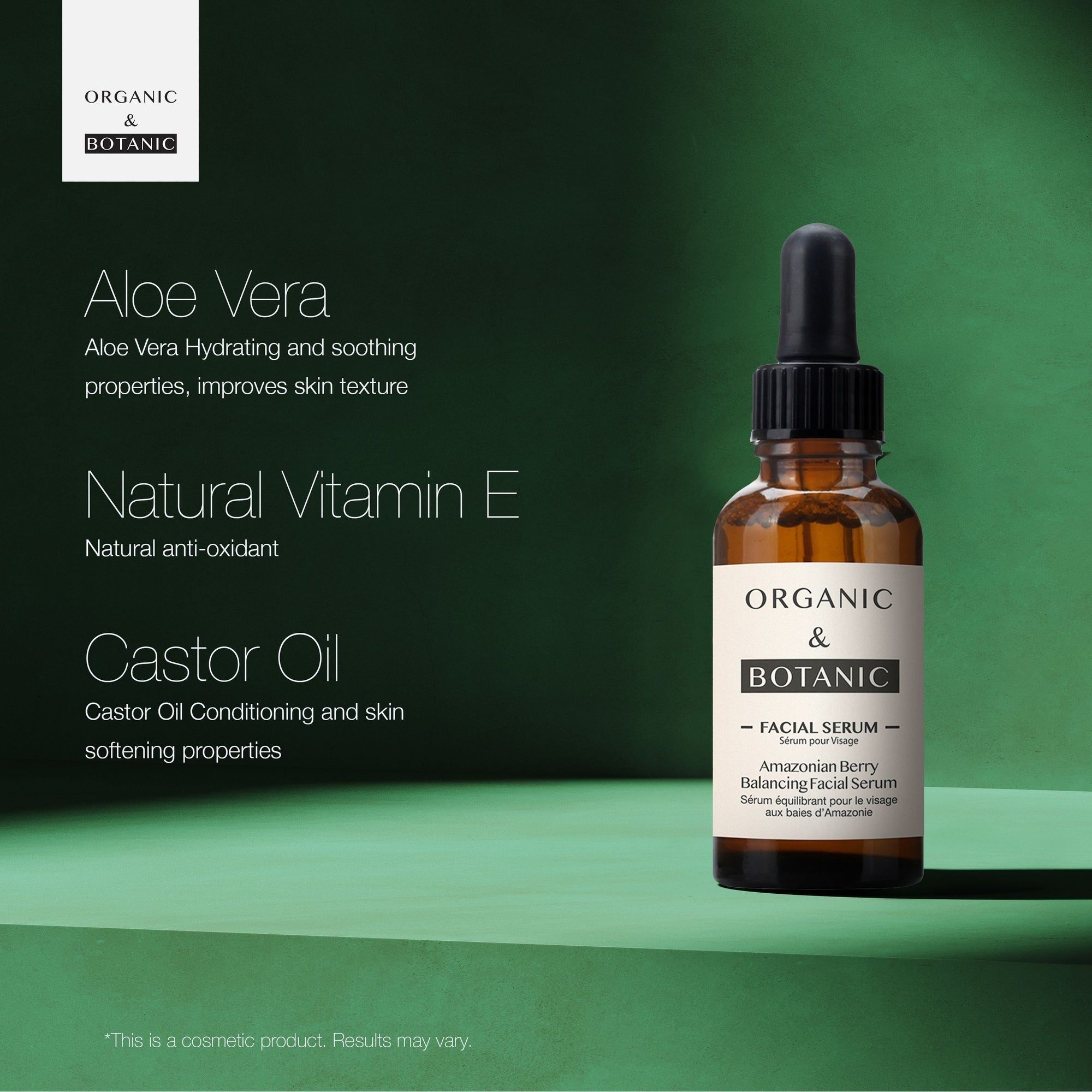 Braune Glasflasche mit schwarzer Pipette. Text: "Organic & Botanic". Text: "Aloe Vera, Natural Vitamin E, Castor Oil".