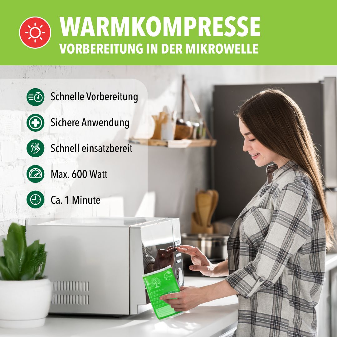 Frau stellt Kompresse in Mikrowelle. Text: Schnelle Vorbereitung, sichere Anwendung, 600 Watt.