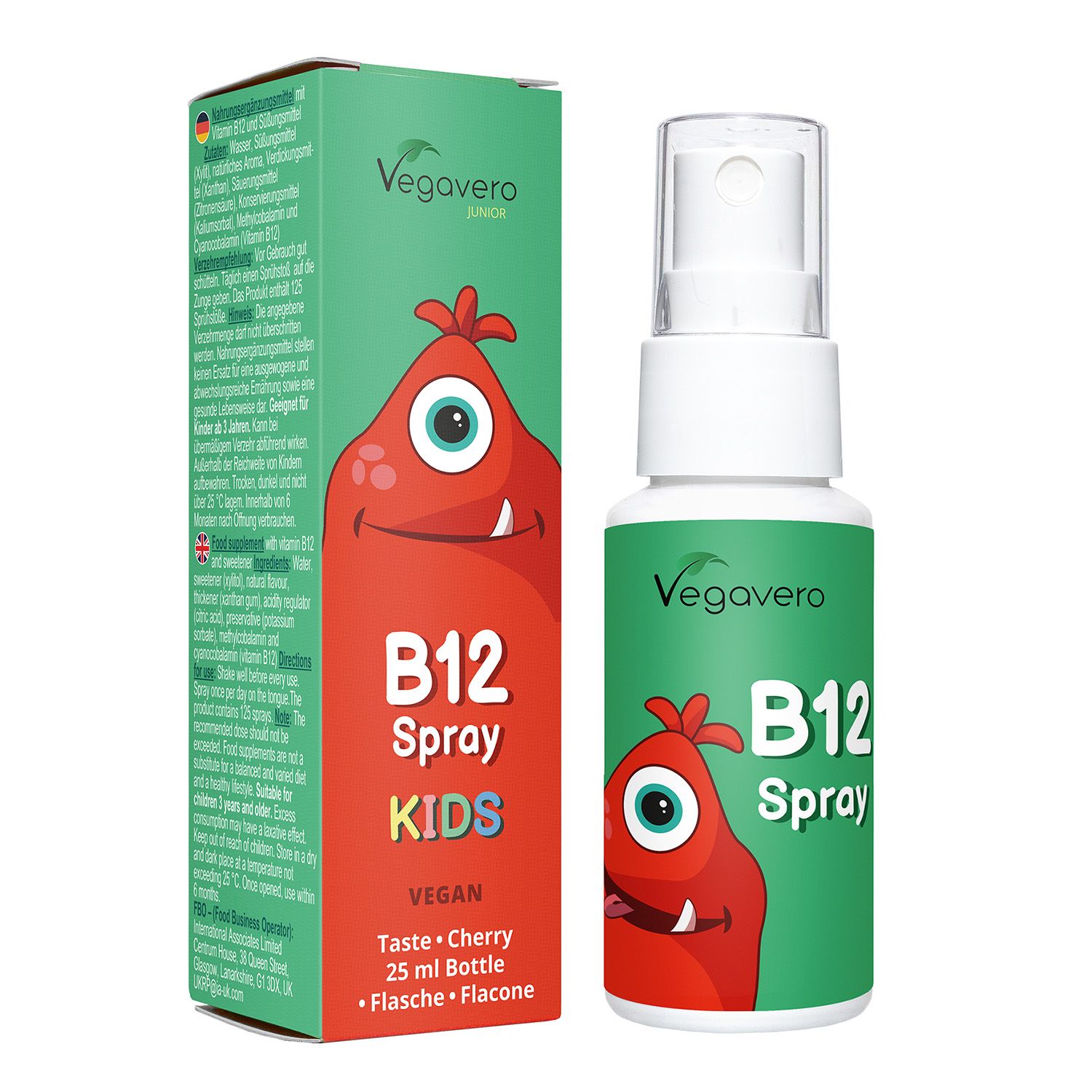 B12 Spray Kids Flasche und Verpackung. Vegavero Junior. Roter Monster-Cartoon. Vegan. Kirschgeschmack.