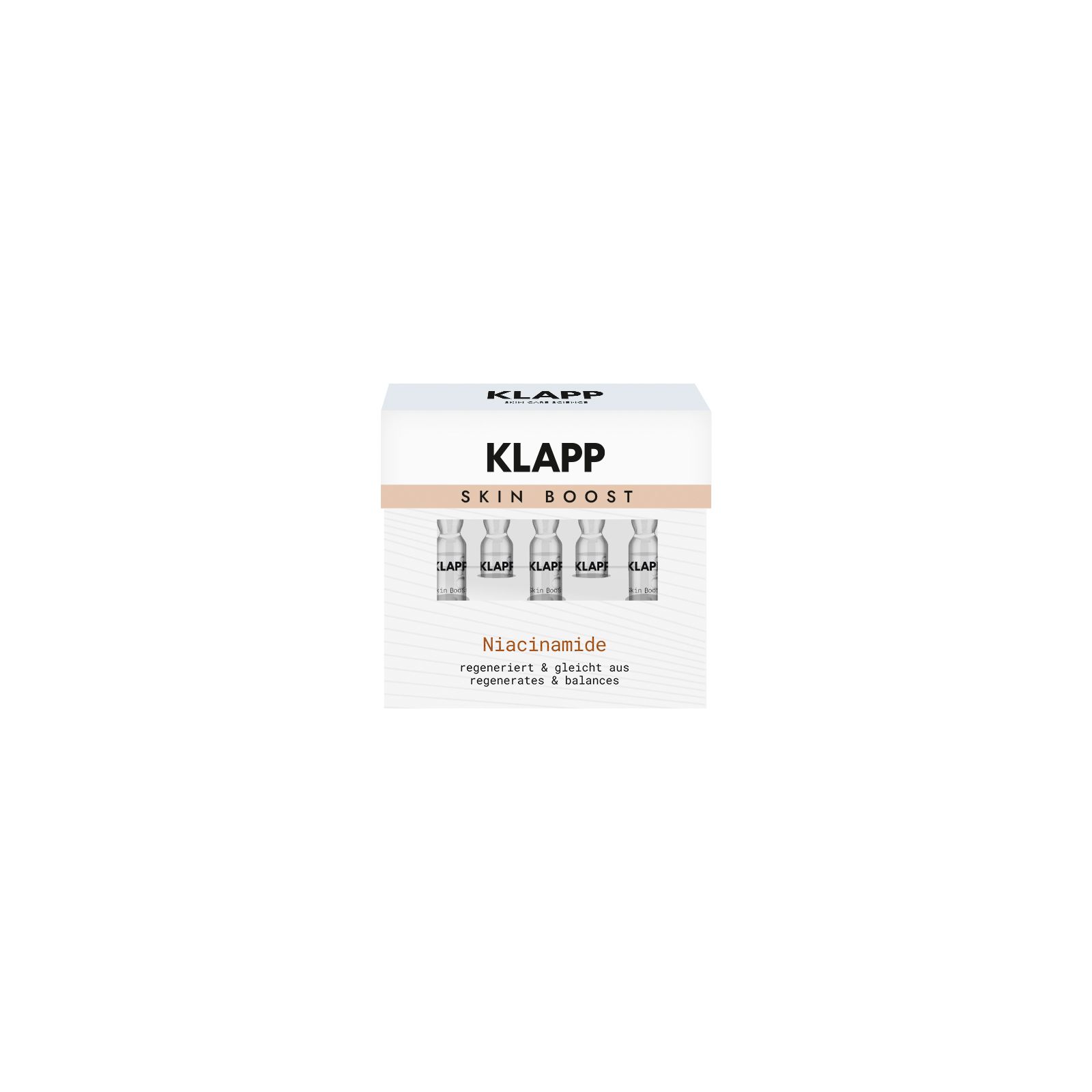 Weißer Karton mit Produktnamen KLAPP SKIN BOOST und Ampullen. Text: Niacinamide, regeneriert & gleicht aus.