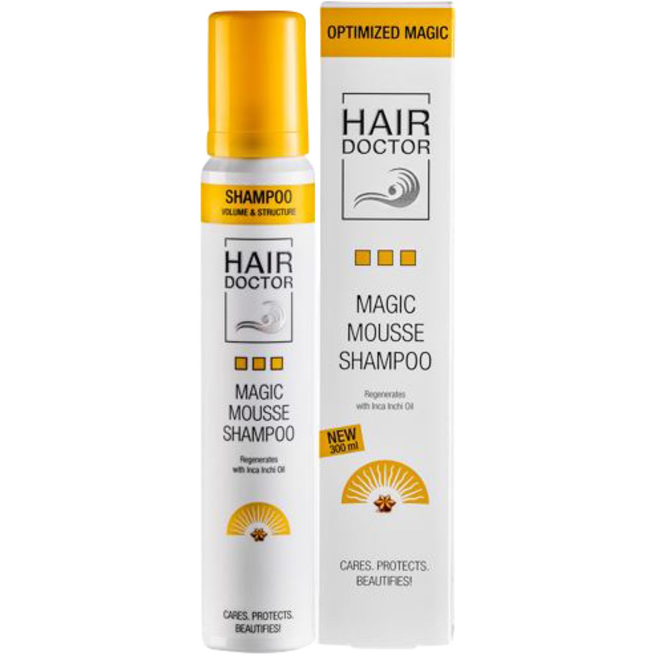 Haarschaum-Shampoo mit gelbem Deckel und Verpackung. Aufschrift: Hair Doctor, Magic Mousse Shampoo. Volumen & Struktur.