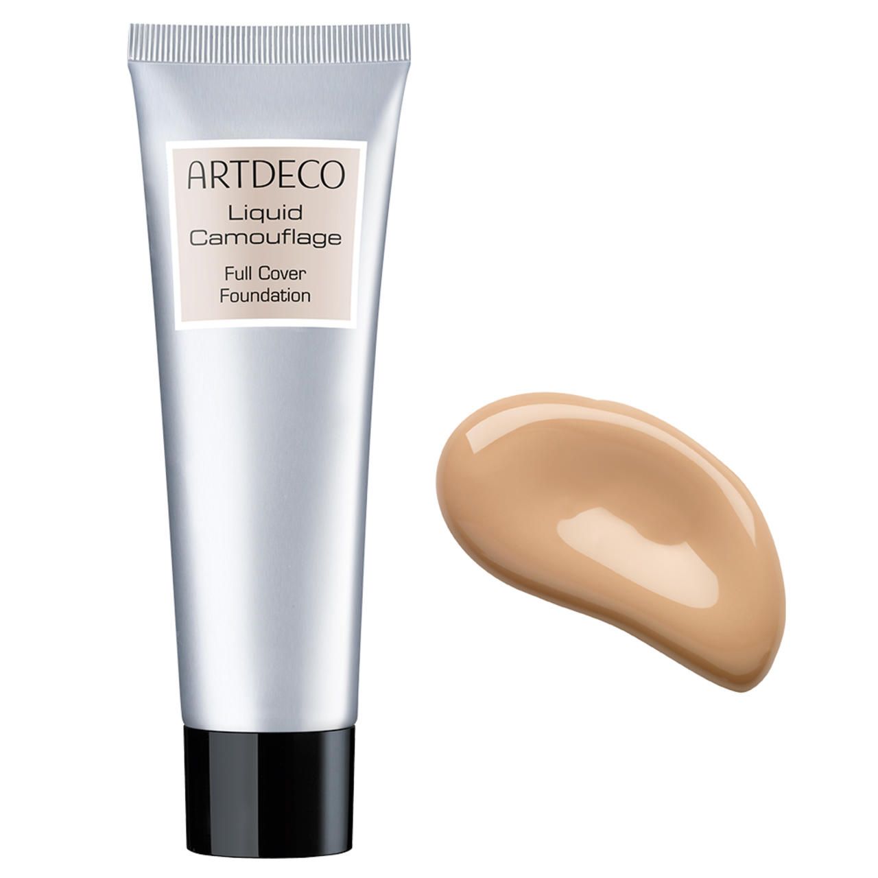 Tube Artdeco Liquid Camouflage, silberfarben, mit Produktprobe. Text: Liquid Camouflage, Full Cover Foundation.