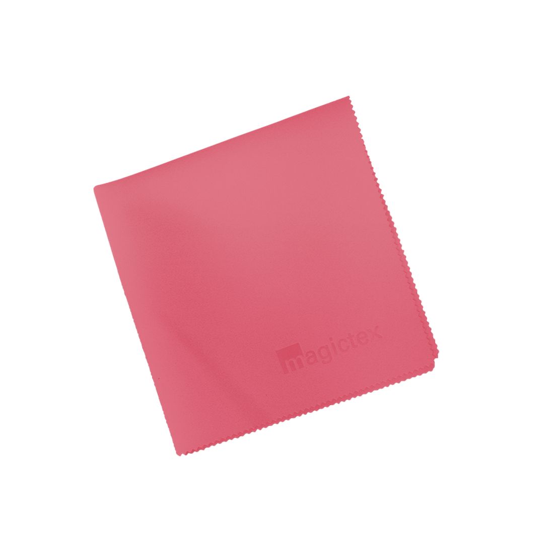 Rosa Reinigungstuch mit gezacktem Rand. Auf der Oberfläche ist der Schriftzug "magictex" zu sehen.
