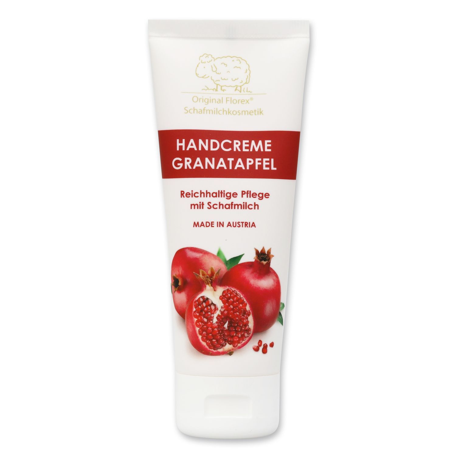 Weiße Tube mit roter Schrift. Aufschrift: Handcreme Granatapfel. Abbildung von Granatäpfeln. Text: Reichhaltige Pflege mit Schafmilch. Made in Austria.