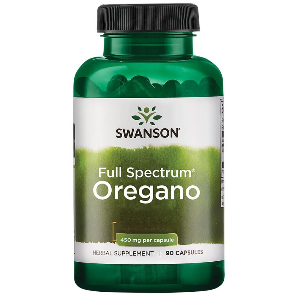 Grüne Flasche mit Swanson Oregano Kapseln. Aufschrift: Full Spectrum Oregano, 450 mg pro Kapsel, 90 Kapseln.