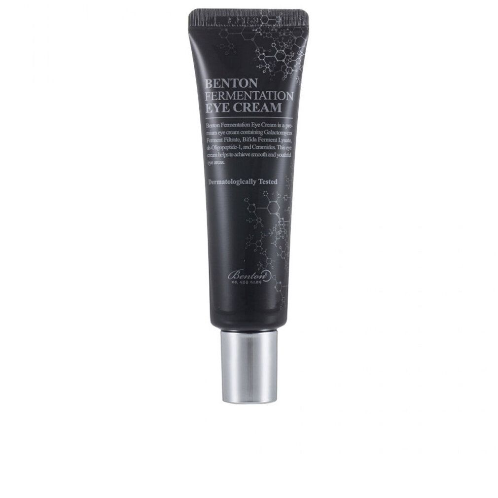 Schwarze Tube mit silberner Kappe. Aufschrift: Benton Fermentation Eye Cream. Dermatologisch getestet.