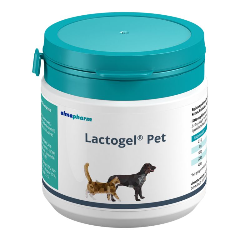 Weißer Behälter mit türkis Deckel. Aufschrift Lactogel® Pet, Logo almapharm. Abbildung Katze und Hund.