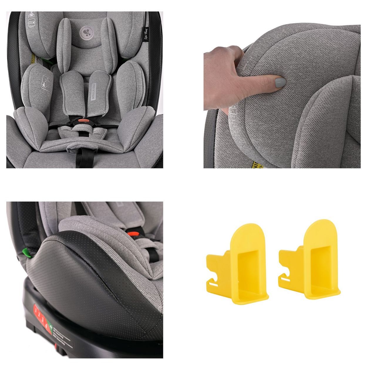 Autokindersitz mit 5-Punkt-Gurt und Kopfstütze, drehbar.