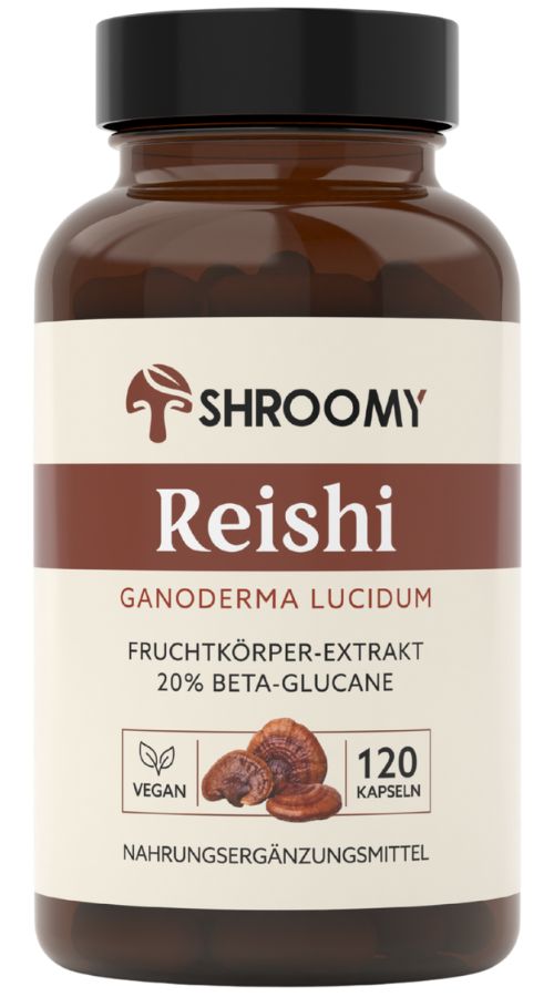 Braune Flasche mit SHROOMY Reishi Kapseln. Aufschrift: Reishi, 120 Kapseln, vegan. Abbildung von Pilzen.