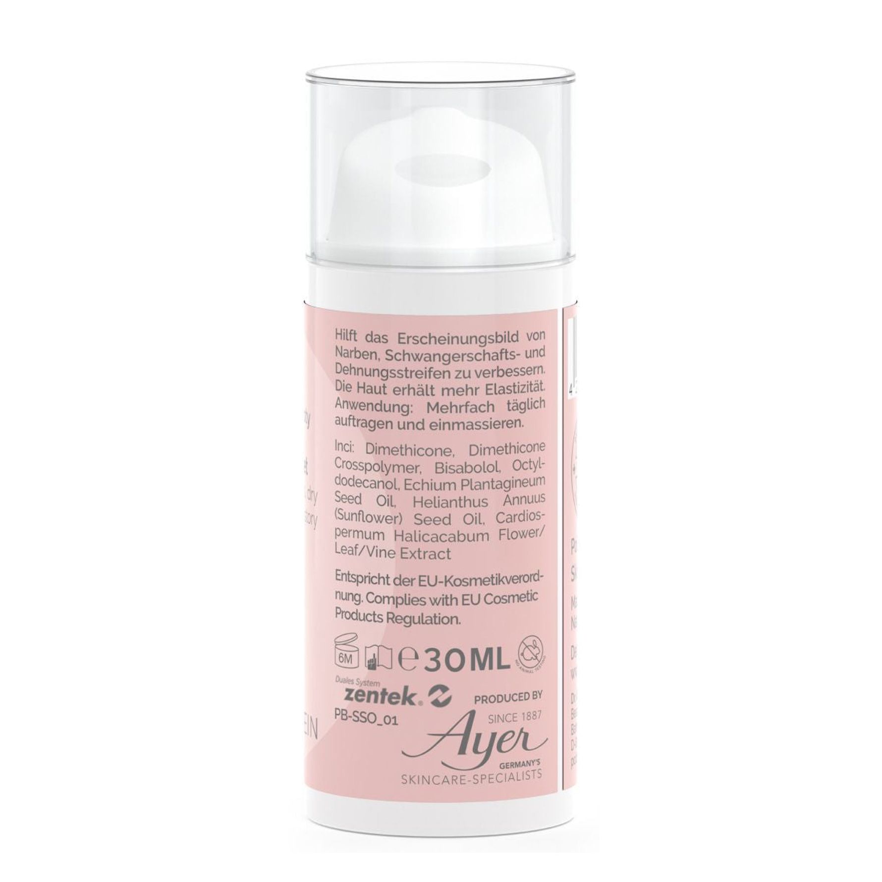 Rückseite der rosa Flasche. Text: Inhaltsstoffe, EU-Kosmetikverordnung. Volumen: 30ml. Marke: Ayer Skincare Specialists.