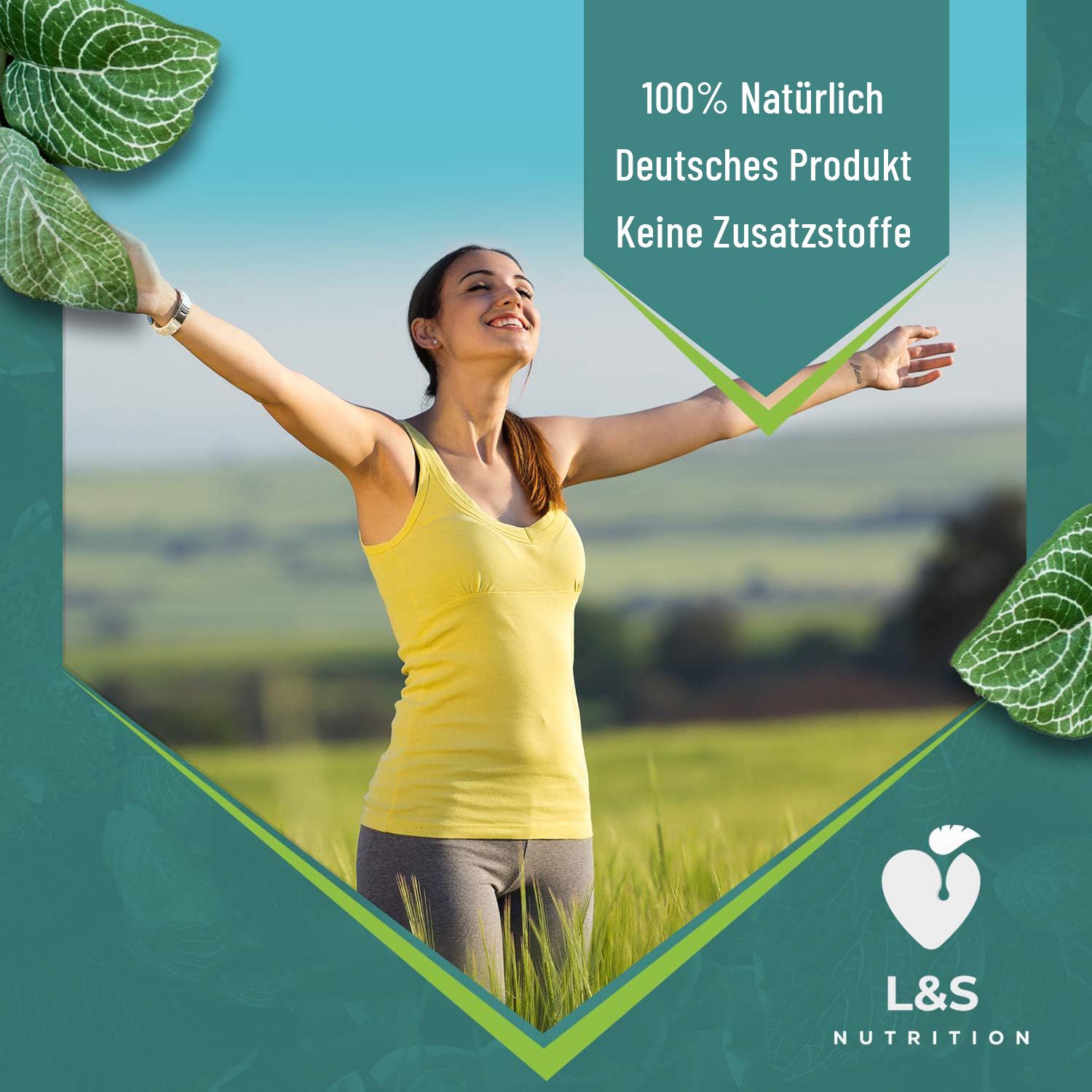 Frau mit erhobenen Armen auf einer Wiese. Text: 100% natürlich, Deutsches Produkt, Keine Zusatzstoffe. Logo LS & C Nutrition.