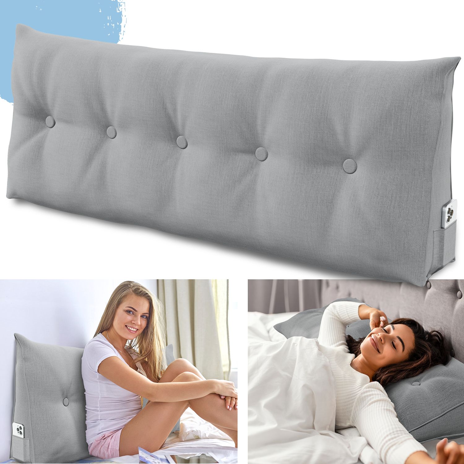 Graues Stützkissen mit Knöpfen. Zwei Frauen, eine sitzt, eine liegt. Kissen auf Bett.  Zwei weitere Kissen im Hintergrund.