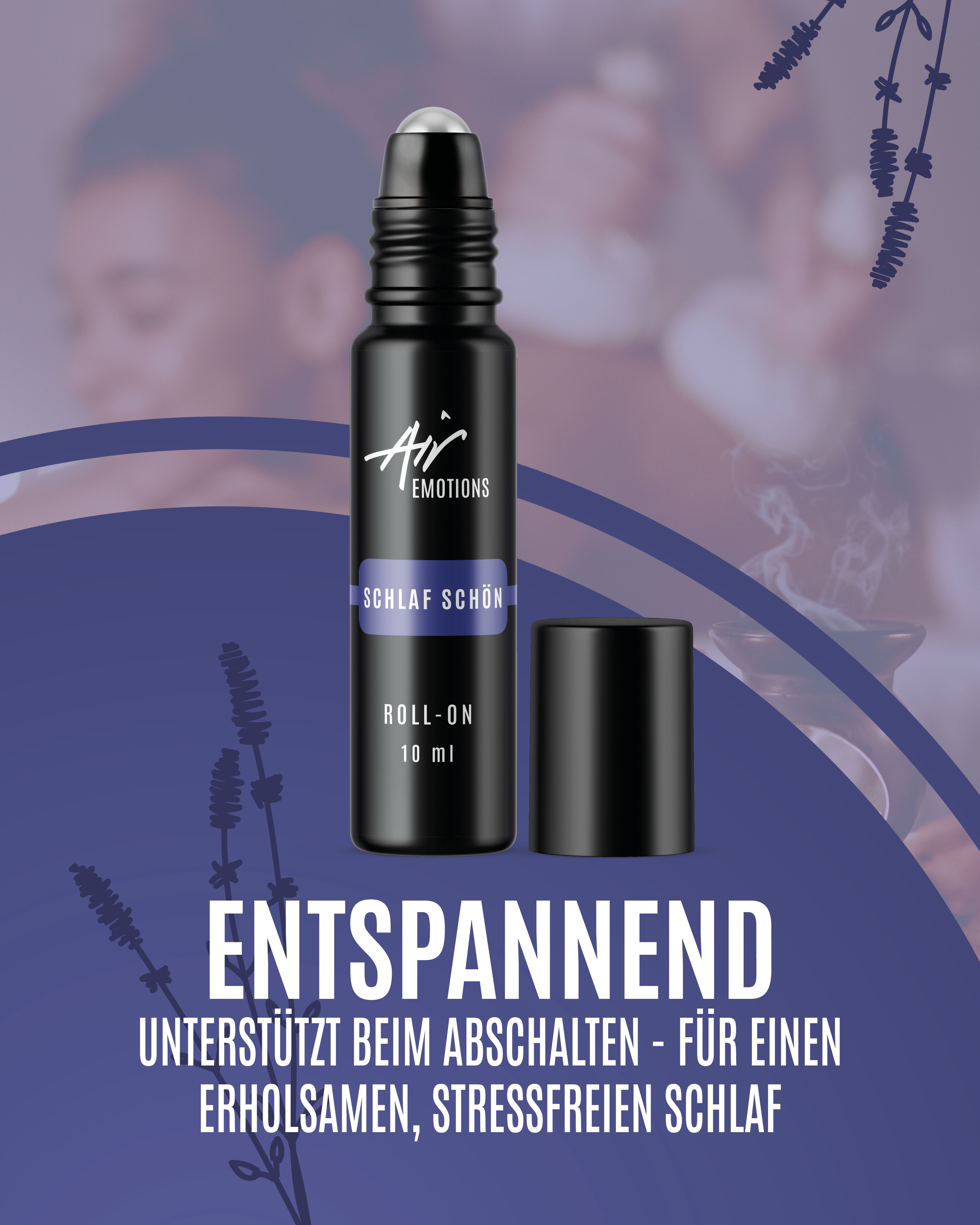 Schwarze Roll-On-Flasche mit "Schlaf schön" Aufschrift. Deckel daneben. Hintergrund: verschwommene Personen.
