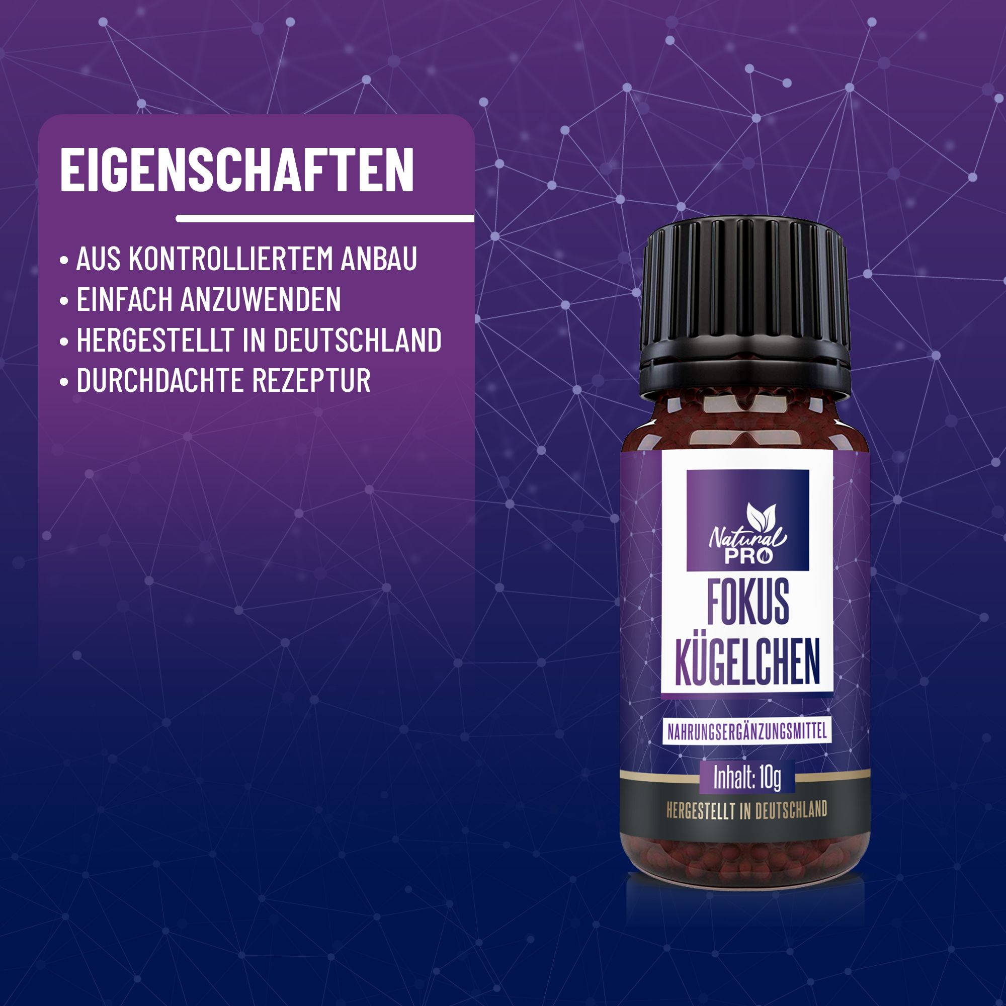 Flasche mit Produktetikett. Text: Eigenschaften. Aus kontrolliertem Anbau, einfach anzuwenden, hergestellt in Deutschland.