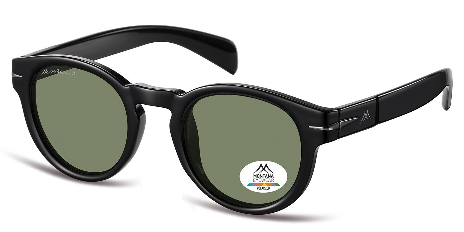 Schwarze Sonnenbrille, runde Gläser, Montana Eyewear Logo auf dem Bügel und Glas. Polarisierte Gläser.