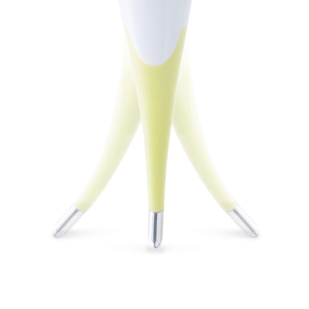 Nahaufnahme der flexiblen Spitze eines weißen und gelben digitalen Fieberthermometers.