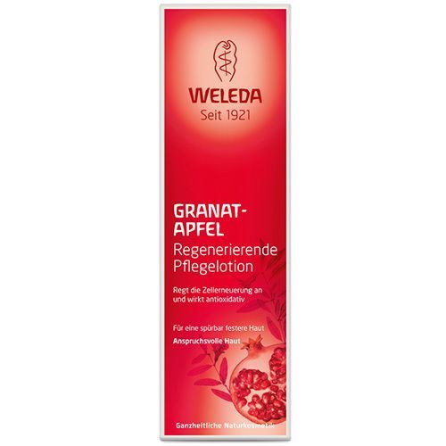 Weleda Granatapfel Pflegelotion. Rote Tube mit weißem Deckel. Produktname und Marke deutlich sichtbar.