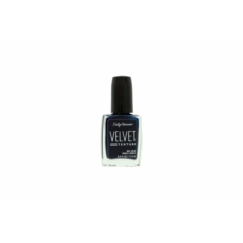Nagellackflasche mit schwarzem Deckel. Aufschrift "VELVET TEXTURE". Dunkelblauer Nagellack.
