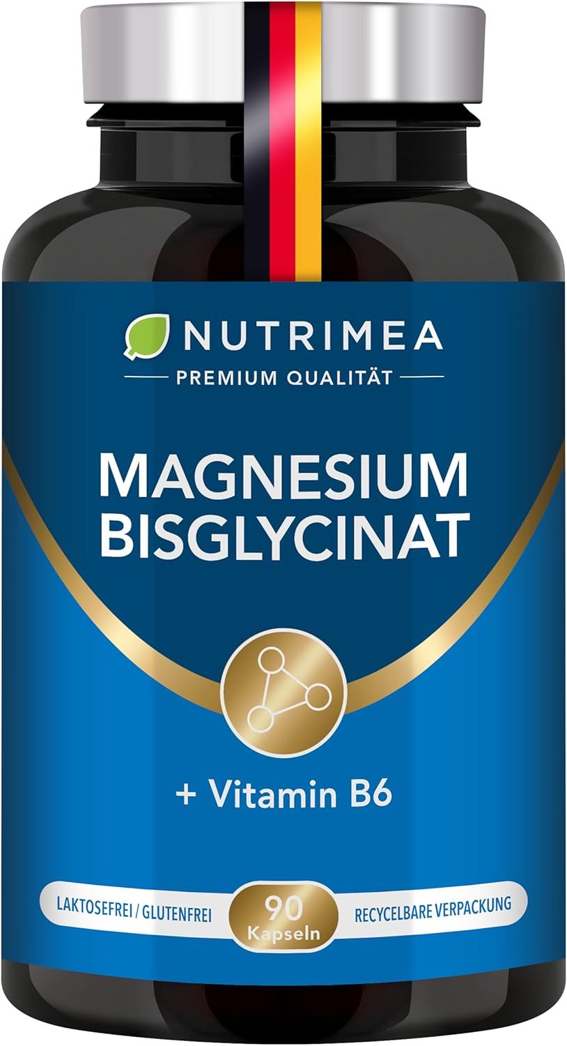 Flasche Magnesium Bisglycinat + Vitamin B6. 90 Kapseln. Text: Laktosefrei/Glutenfrei, recyclebare Verpackung.