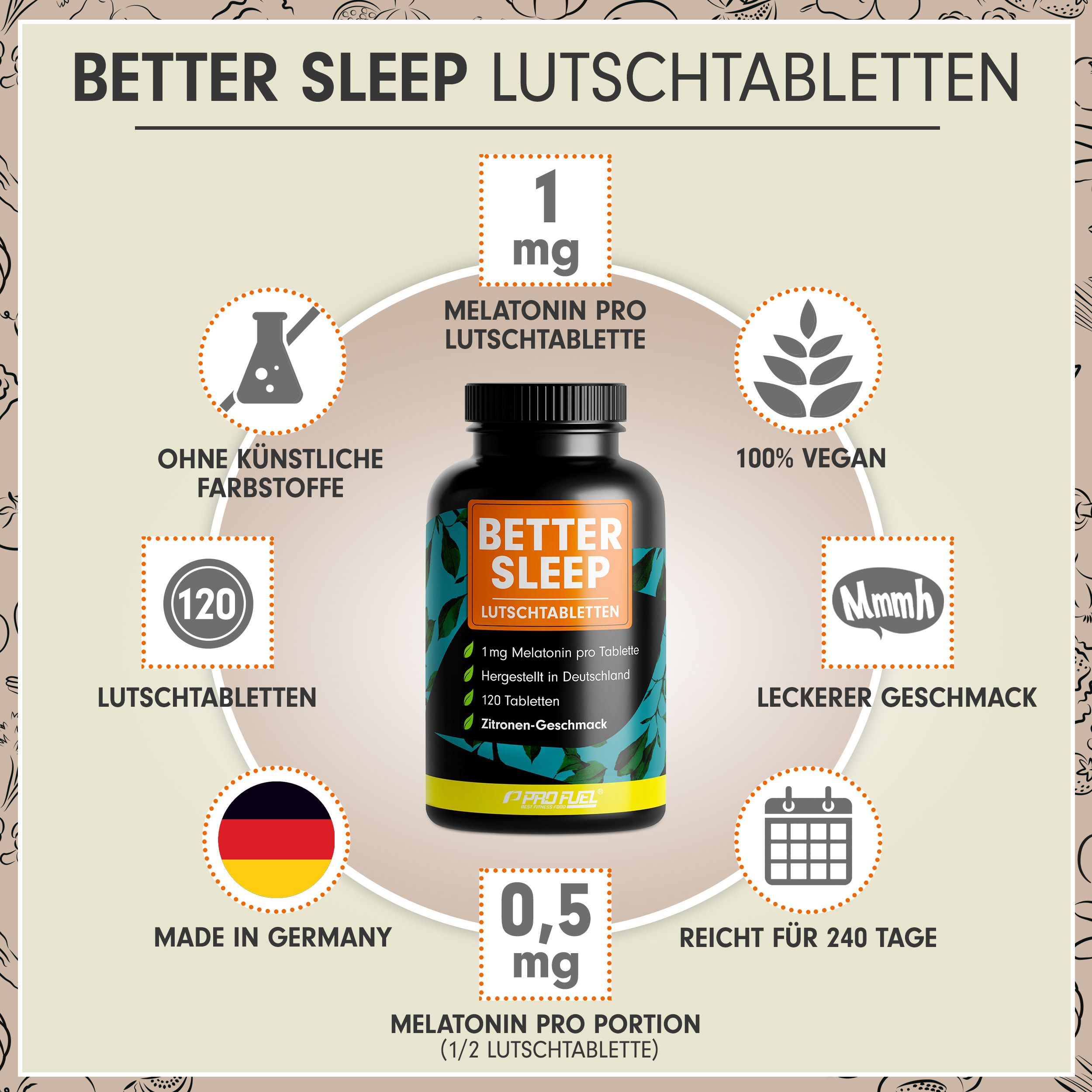 Infografik: Flasche "BETTER SLEEP LUTSCHTABLETTEN" mit Informationen: 1mg Melatonin, 120 Tabletten, vegan, Made in Germany, leckerer Geschmack.