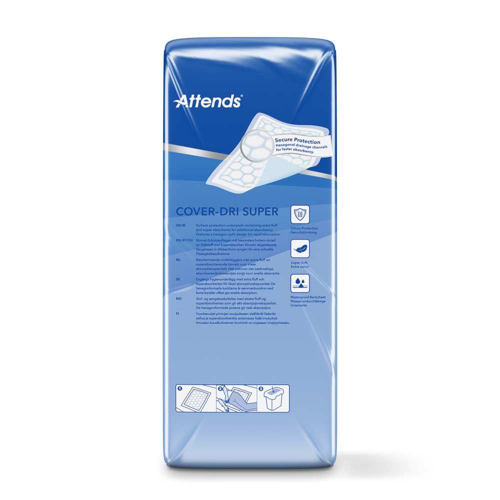 Rückseite der Attends Cover-Dri Super Verpackung. Blaue Verpackung mit Produktabbildung und Text. Mit Zertifizierungen.