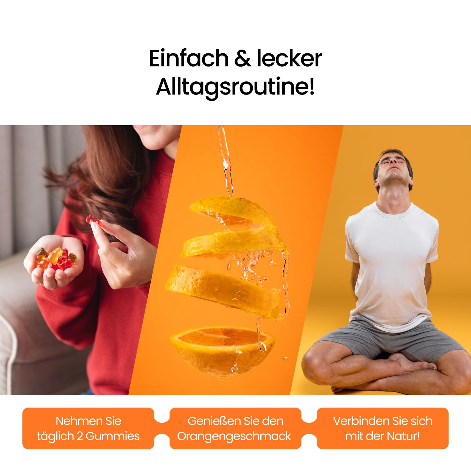 Collage mit drei Bildern. Frau mit Gummibärchen, Zitrone, Mann in Yoga-Pose. Text: Einfach & lecker Alltagsroutine!