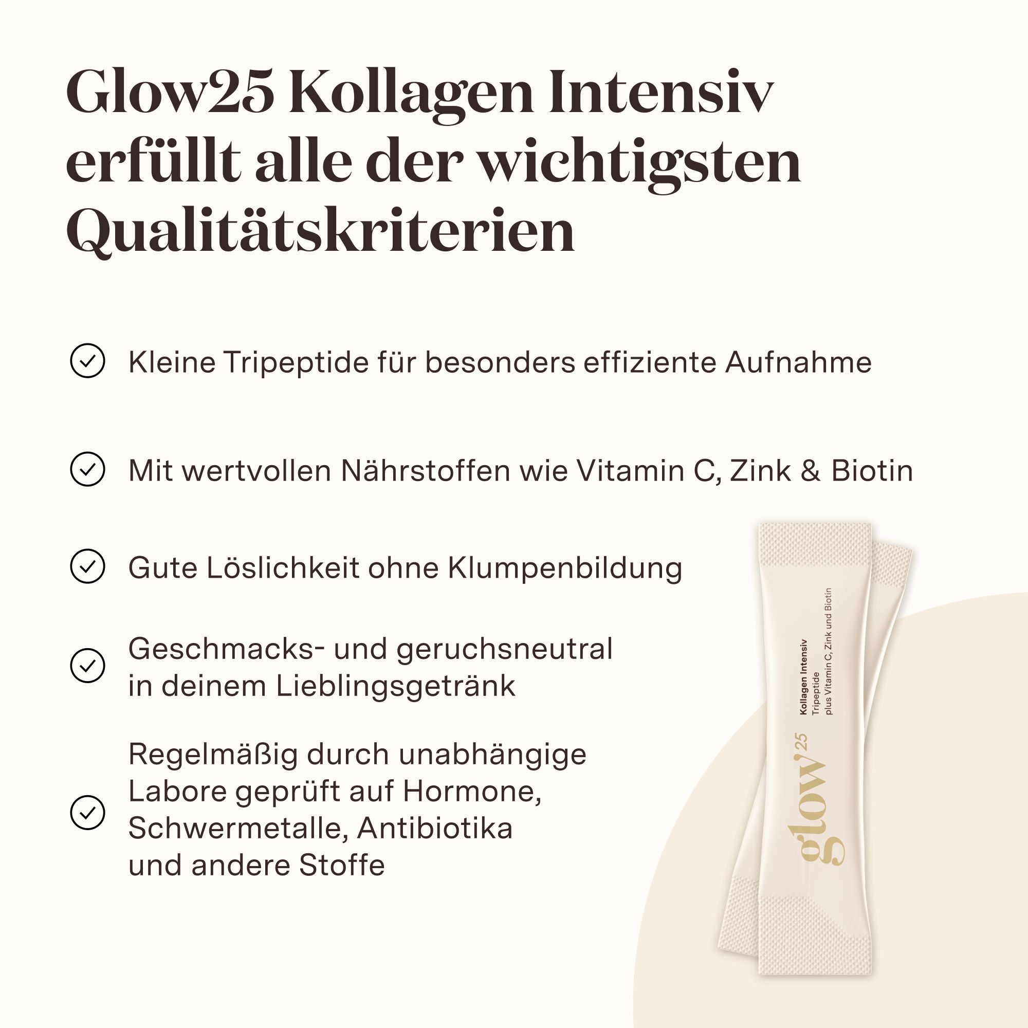 Text mit Vorteilen von Glow25 Kollagen Intensiv: Tripeptide, Nährstoffe, Löslichkeit, Geschmack.