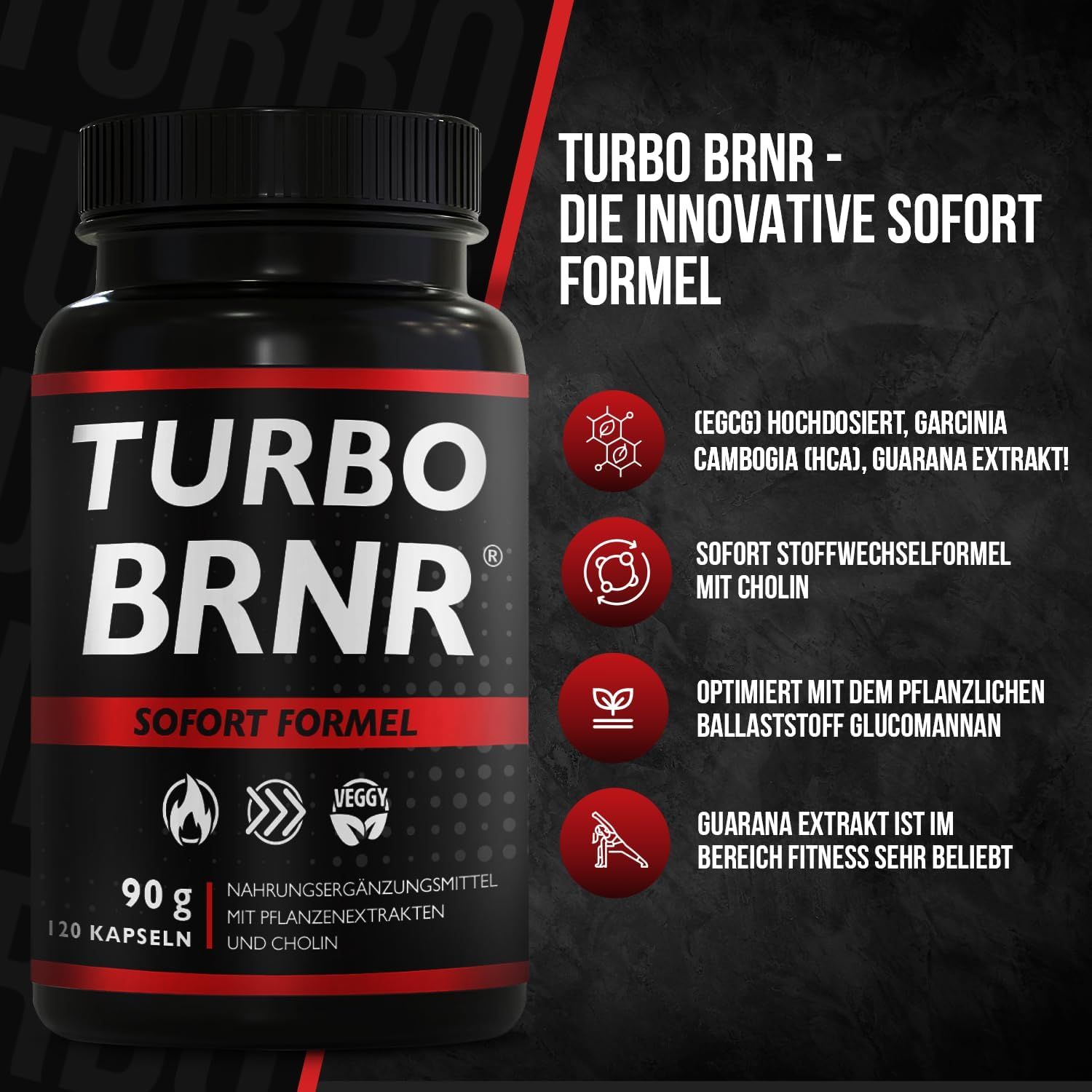 Schwarze Dose mit roter Schrift. "TURBO BRNR" und "SOFORT FORMEL". Text: 90 g, 120 Kapseln. Icons.