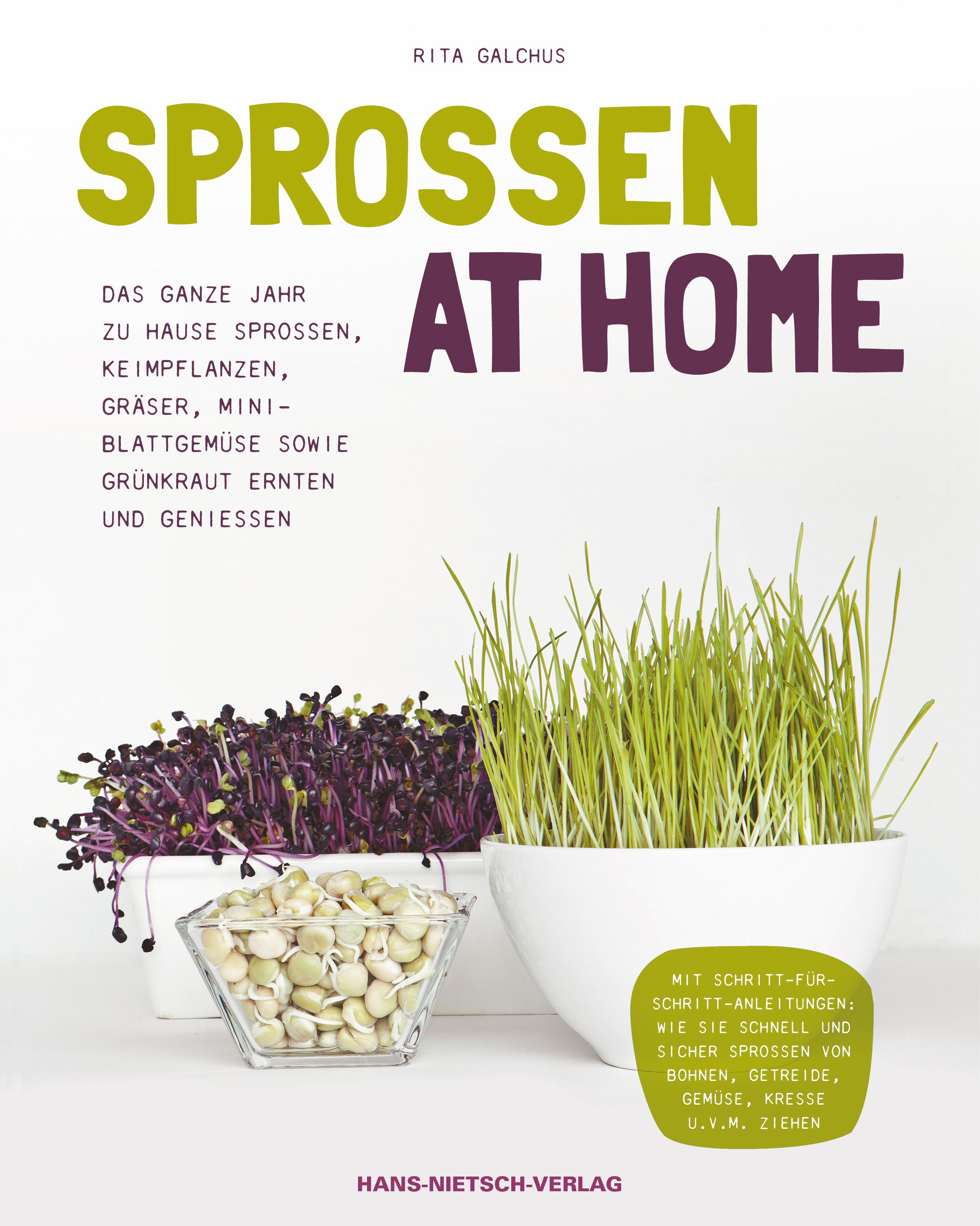 Buchcover mit dem Titel "Sprossen at Home". Es zeigt Sprossen, Gräser und Keimlinge in Schalen. Text in Grün und Lila.
