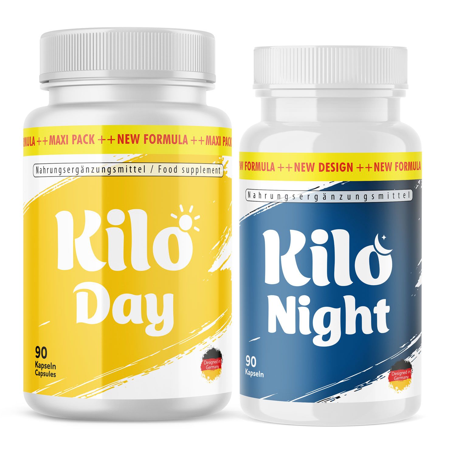 Zwei Flaschen Kilo Day und Kilo Night Kapseln. Gelbes Etikett mit "Day", blaues Etikett mit "Night". Beide mit weißem Deckel. 90 Kapseln.